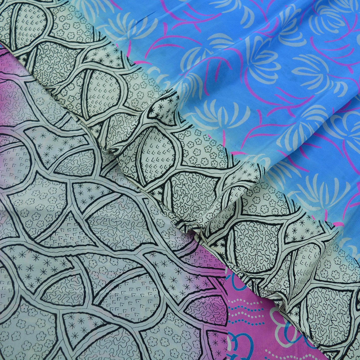 Indian Vintage Sari Blue & Gray Pure Printed Crepe Silk Sarees 6yd Sewing Soft Craft Fabric Wrap Sewing Dress Making Crafting Quilting