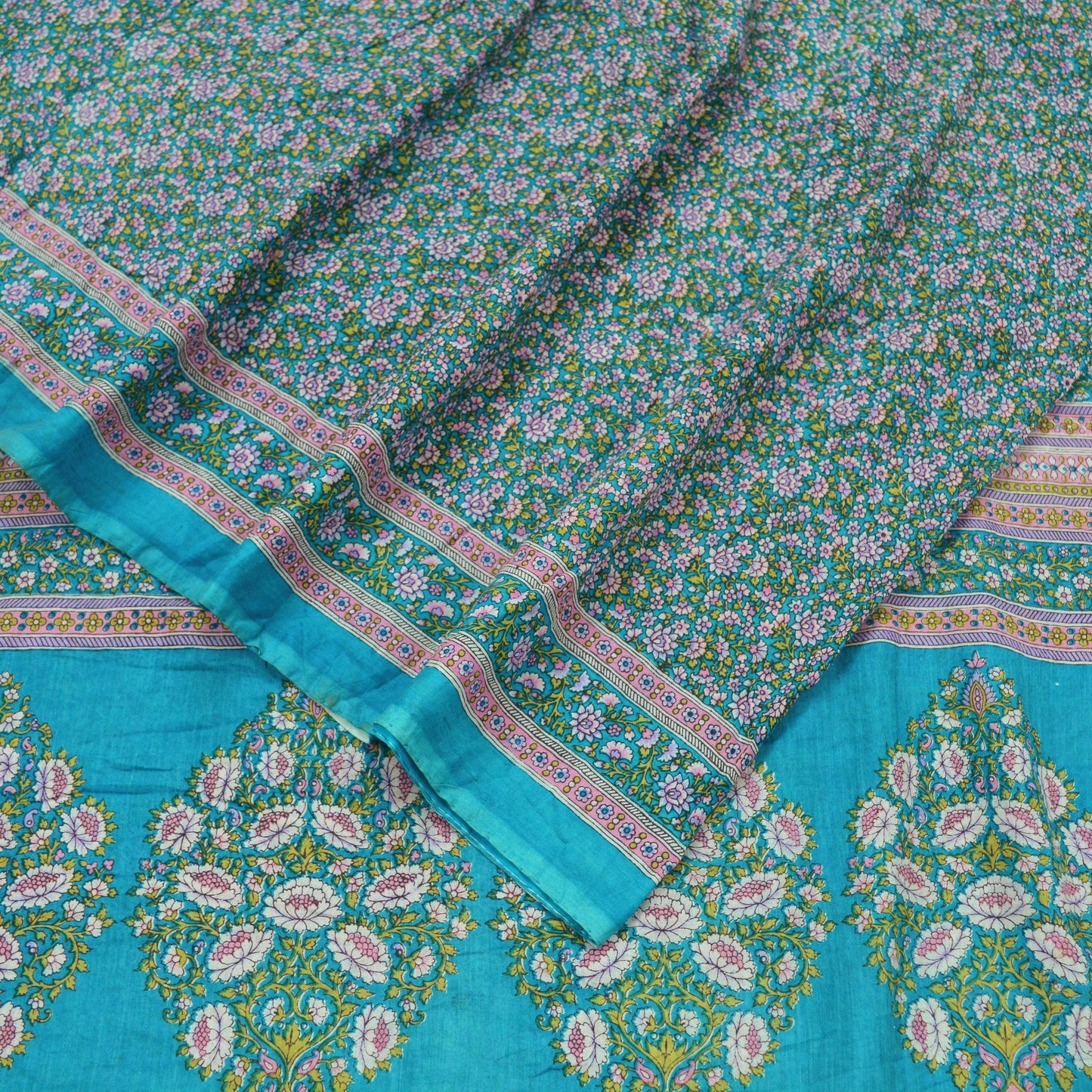 Indian Vintage Blue Saree Printed Pure Cotton Sari Craft Fabric Soft 5Yd Sewing Sarong Wrap Boho Floral Dress making Crafting Quilting