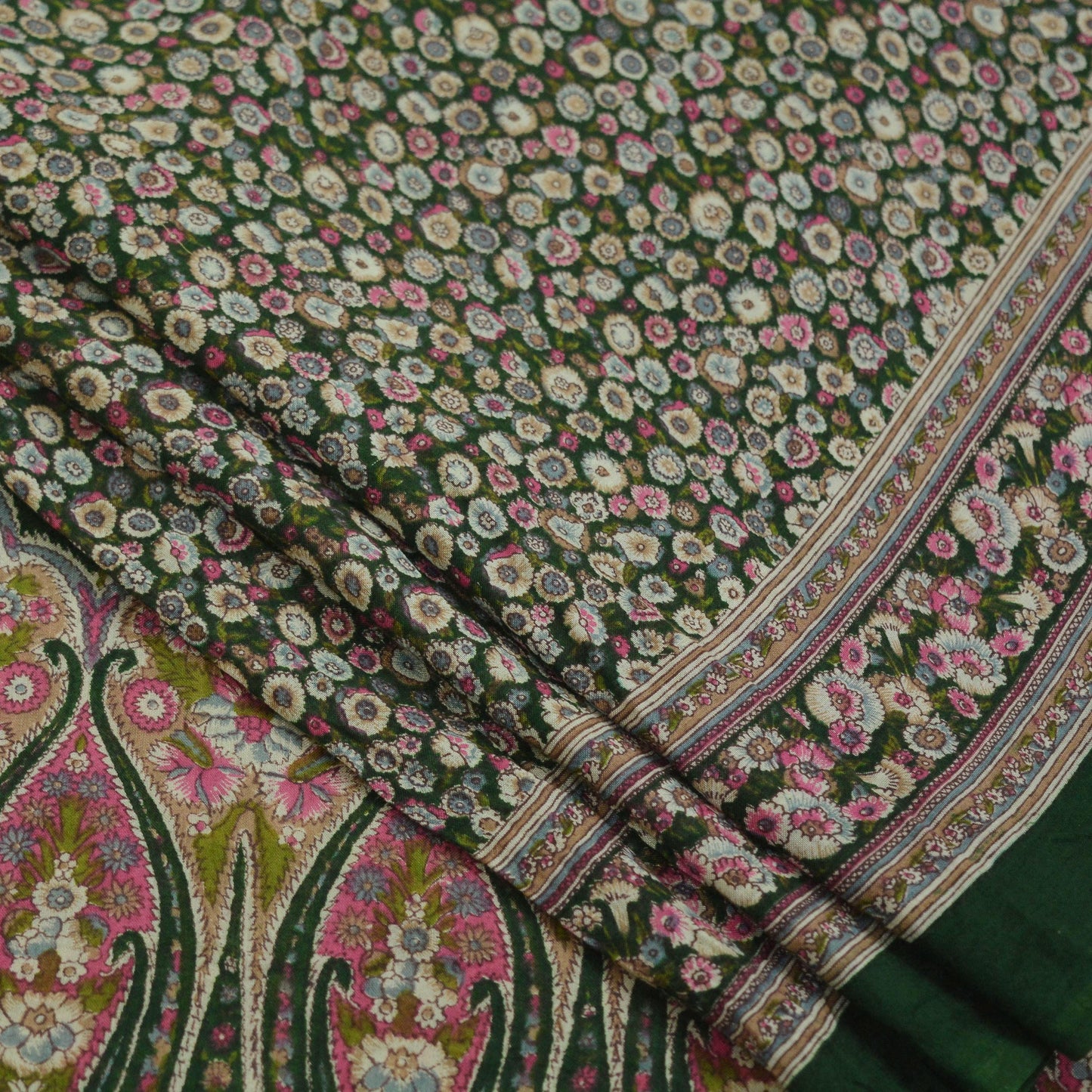 Indian Vintage Green Saree Printed Pure Cotton Sari Craft Fabric Soft 5Yd Sewing Sarong Wrap Boho Floral Dress making Crafting Quilting