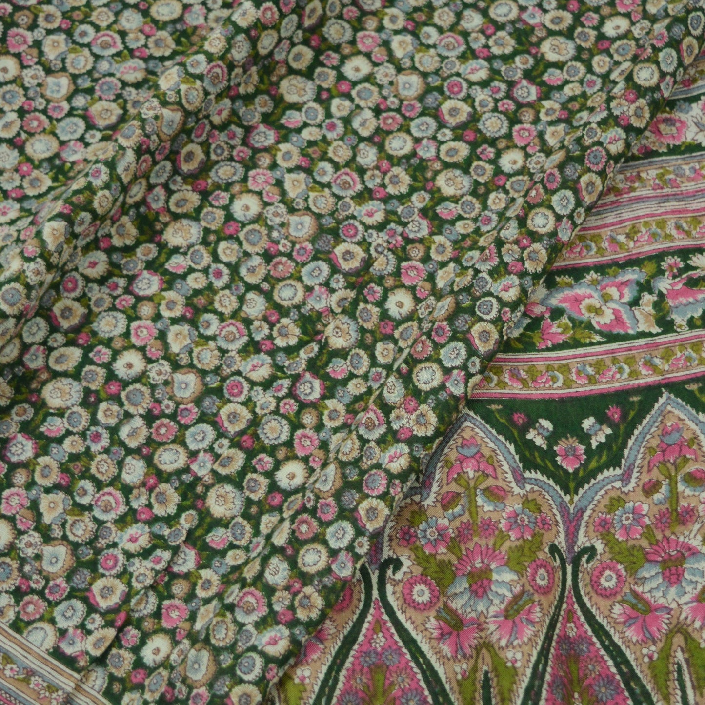 Indian Vintage Green Saree Printed Pure Cotton Sari Craft Fabric Soft 5Yd Sewing Sarong Wrap Boho Floral Dress making Crafting Quilting