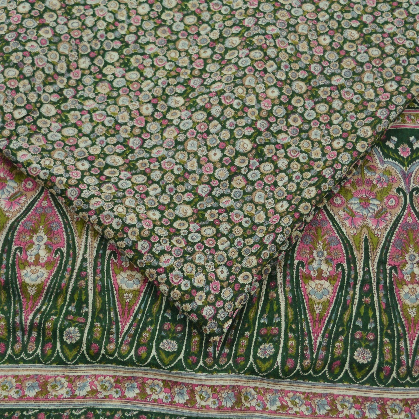 Indian Vintage Green Saree Printed Pure Cotton Sari Craft Fabric Soft 5Yd Sewing Sarong Wrap Boho Floral Dress making Crafting Quilting