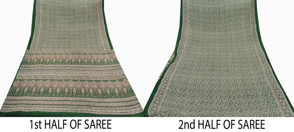 Indian Vintage Green Saree Printed Pure Cotton Sari Craft Fabric Soft 5Yd Sewing Sarong Wrap Boho Floral Dress making Crafting Quilting