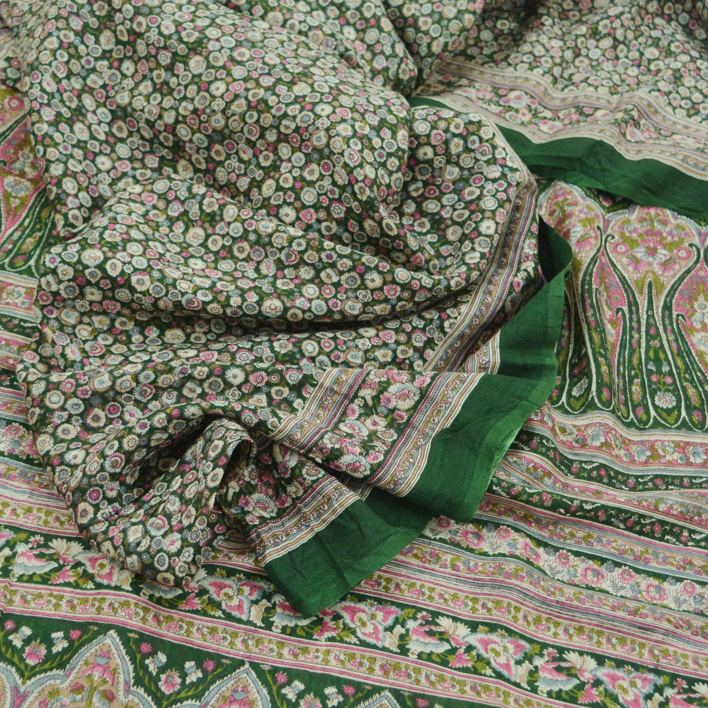 Indian Vintage Green Saree Printed Pure Cotton Sari Craft Fabric Soft 5Yd Sewing Sarong Wrap Boho Floral Dress making Crafting Quilting