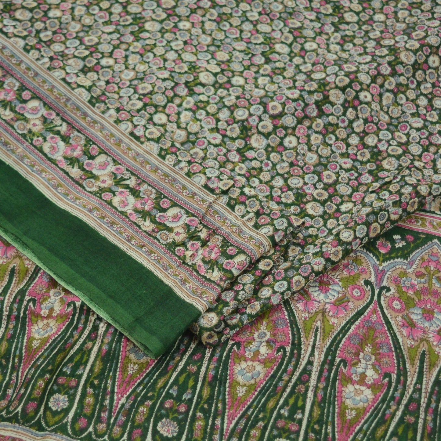 Indian Vintage Green Saree Printed Pure Cotton Sari Craft Fabric Soft 5Yd Sewing Sarong Wrap Boho Floral Dress making Crafting Quilting