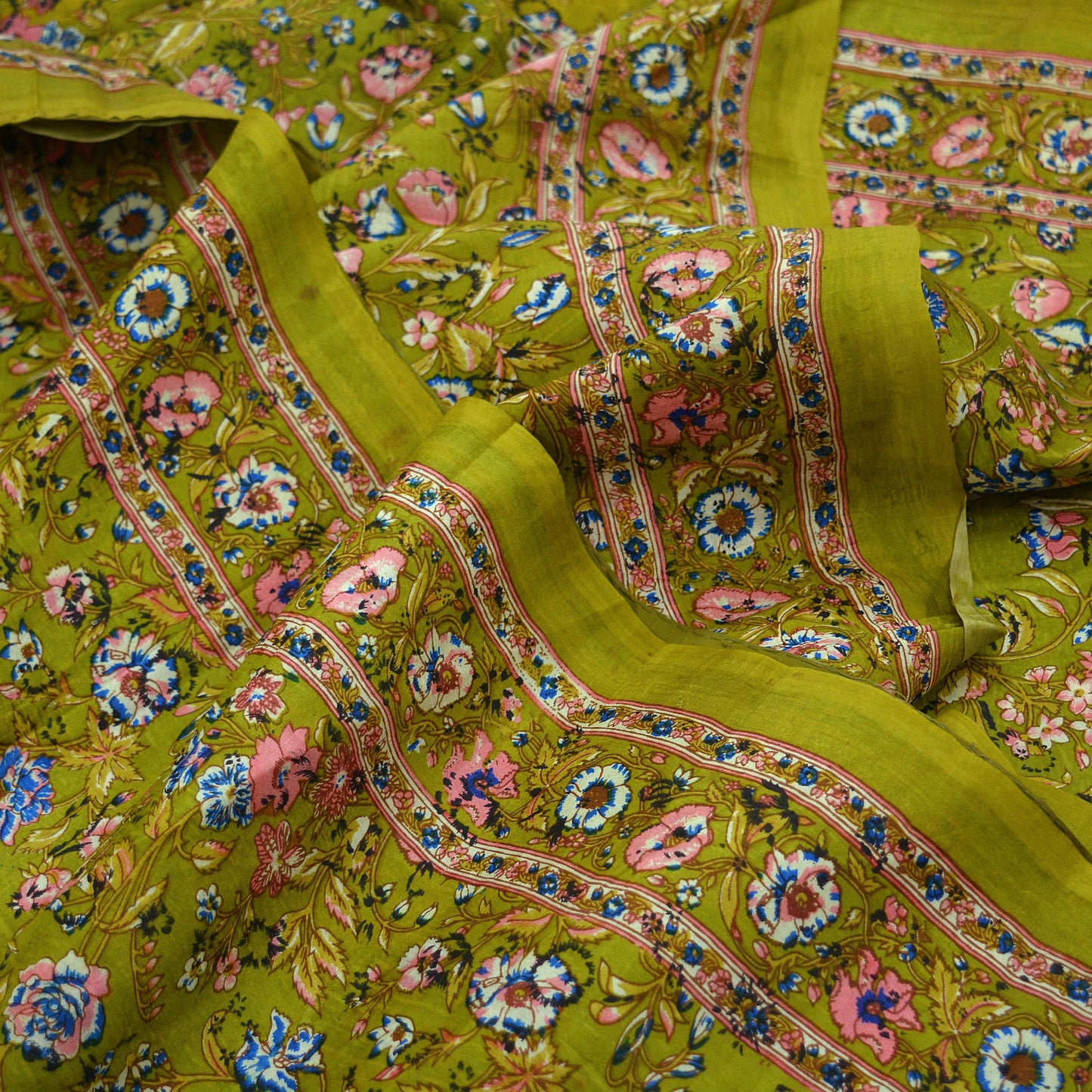 Indian Vintage Sari Green Pure Silk Printed Sarees 6yd Sewing Craft Fabric Dress Making Soft Floral Wrap Upcycle Used Quilting Crafting