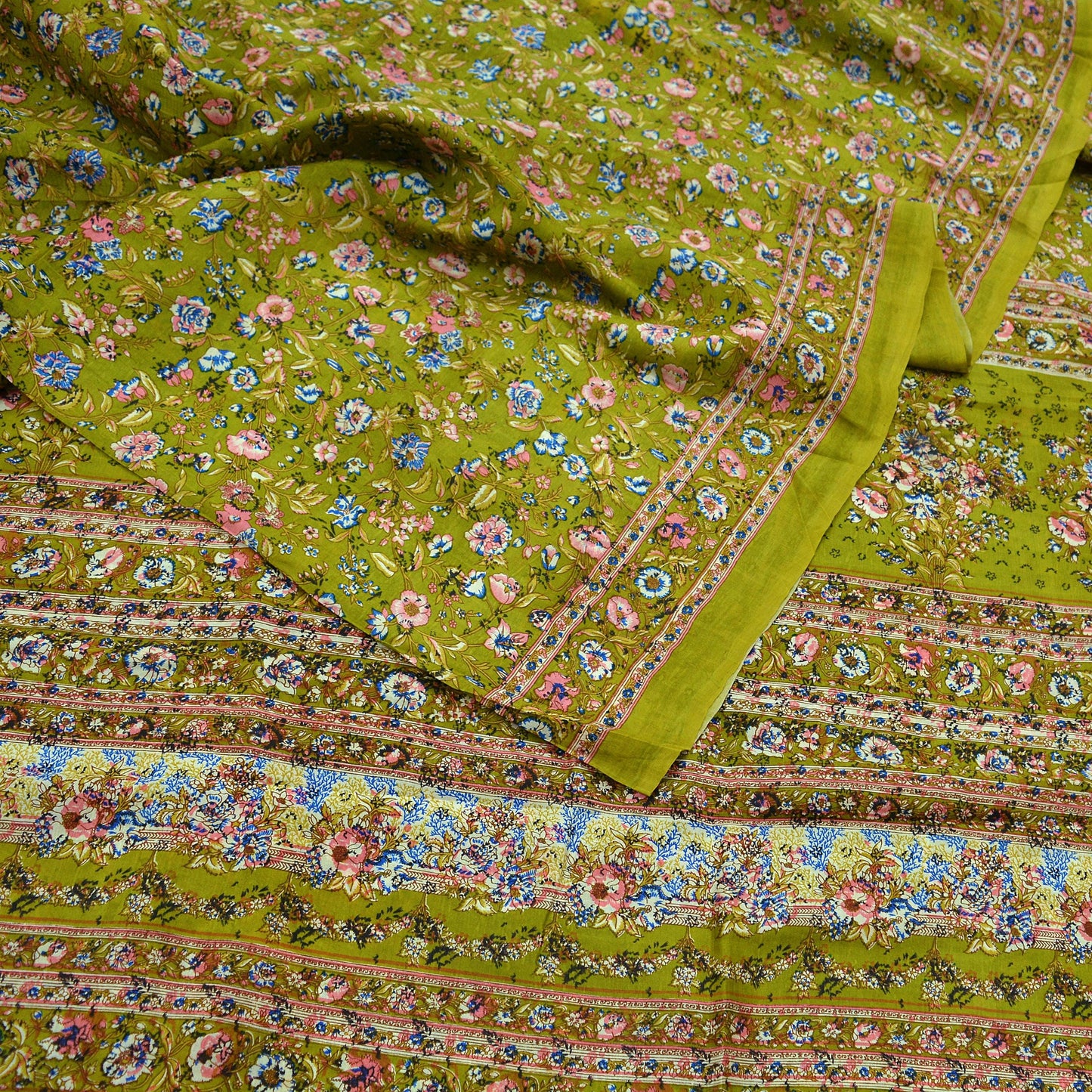 Indian Vintage Sari Green Pure Silk Printed Sarees 6yd Sewing Craft Fabric Dress Making Soft Floral Wrap Upcycle Used Quilting Crafting