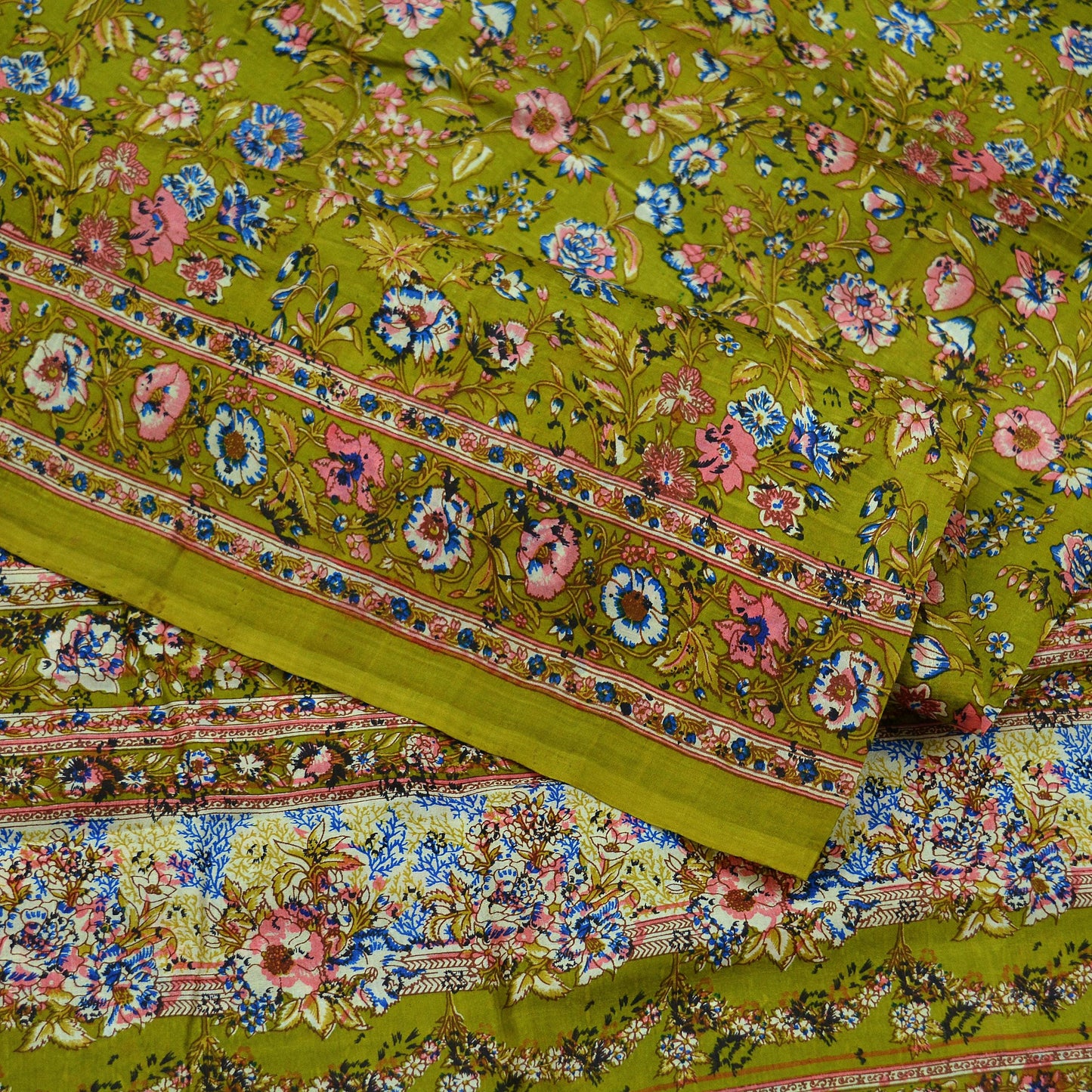 Indian Vintage Sari Green Pure Silk Printed Sarees 6yd Sewing Craft Fabric Dress Making Soft Floral Wrap Upcycle Used Quilting Crafting
