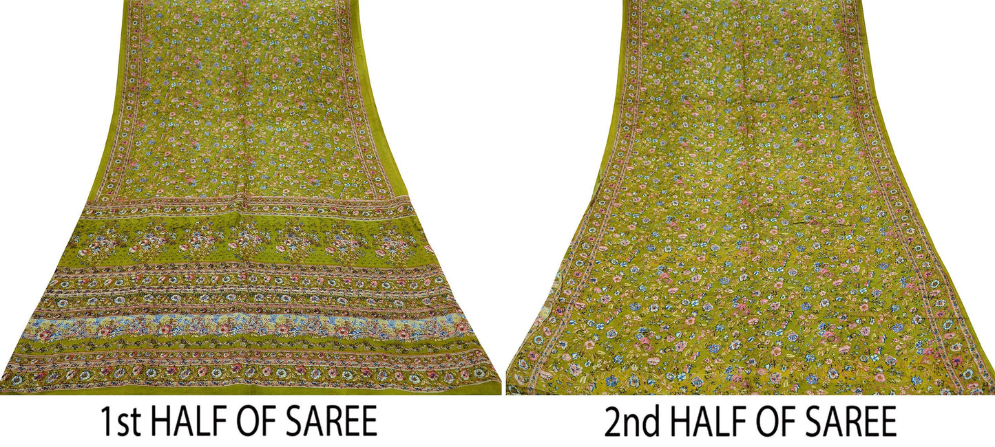 Indian Vintage Sari Green Pure Silk Printed Sarees 6yd Sewing Craft Fabric Dress Making Soft Floral Wrap Upcycle Used Quilting Crafting