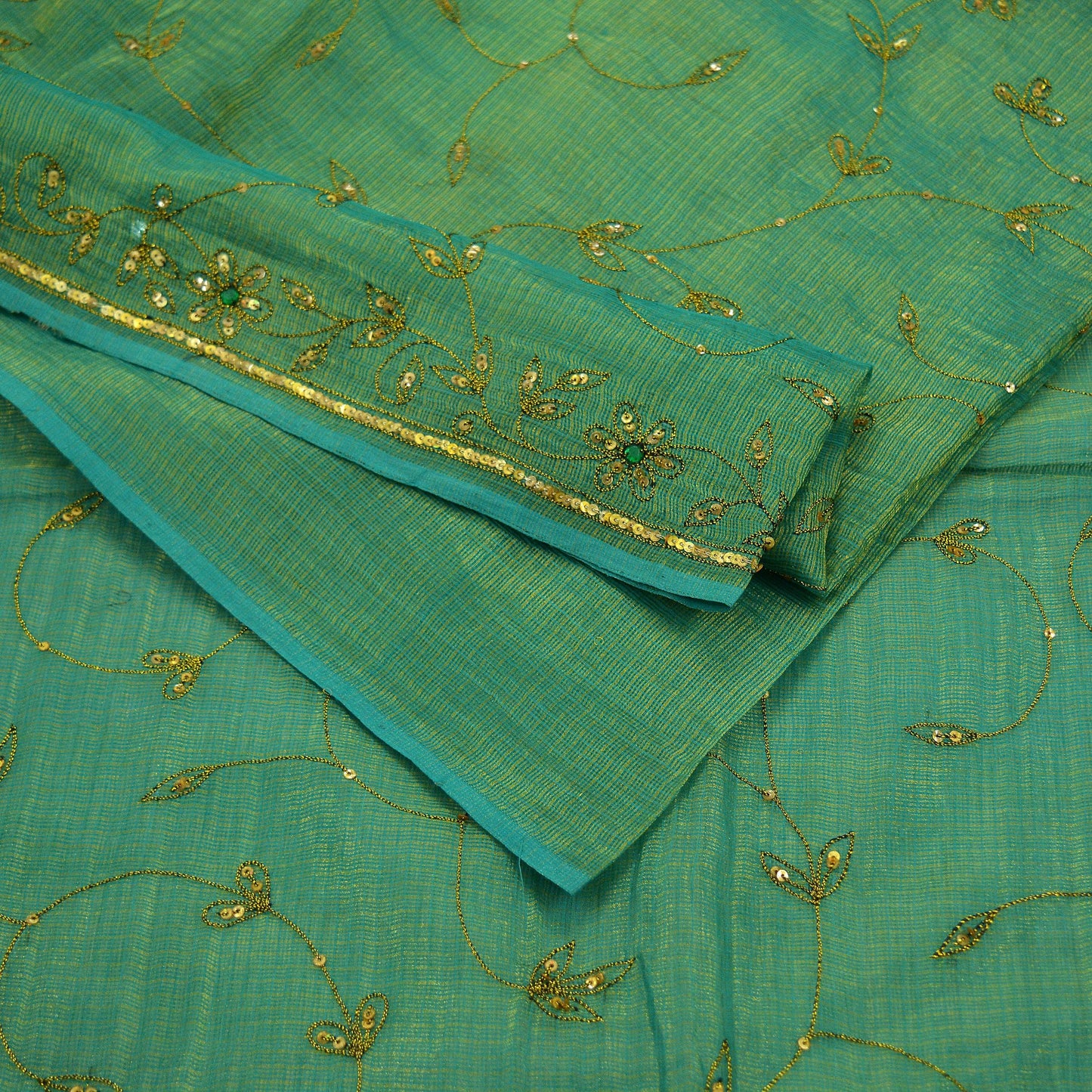 Indian Vintage Heavy Green Saree Pure Cotton Hand Embroidered Sari Craft Fabric 6yd Soft Zari Sequins Sewing Dress making Wedding Sari