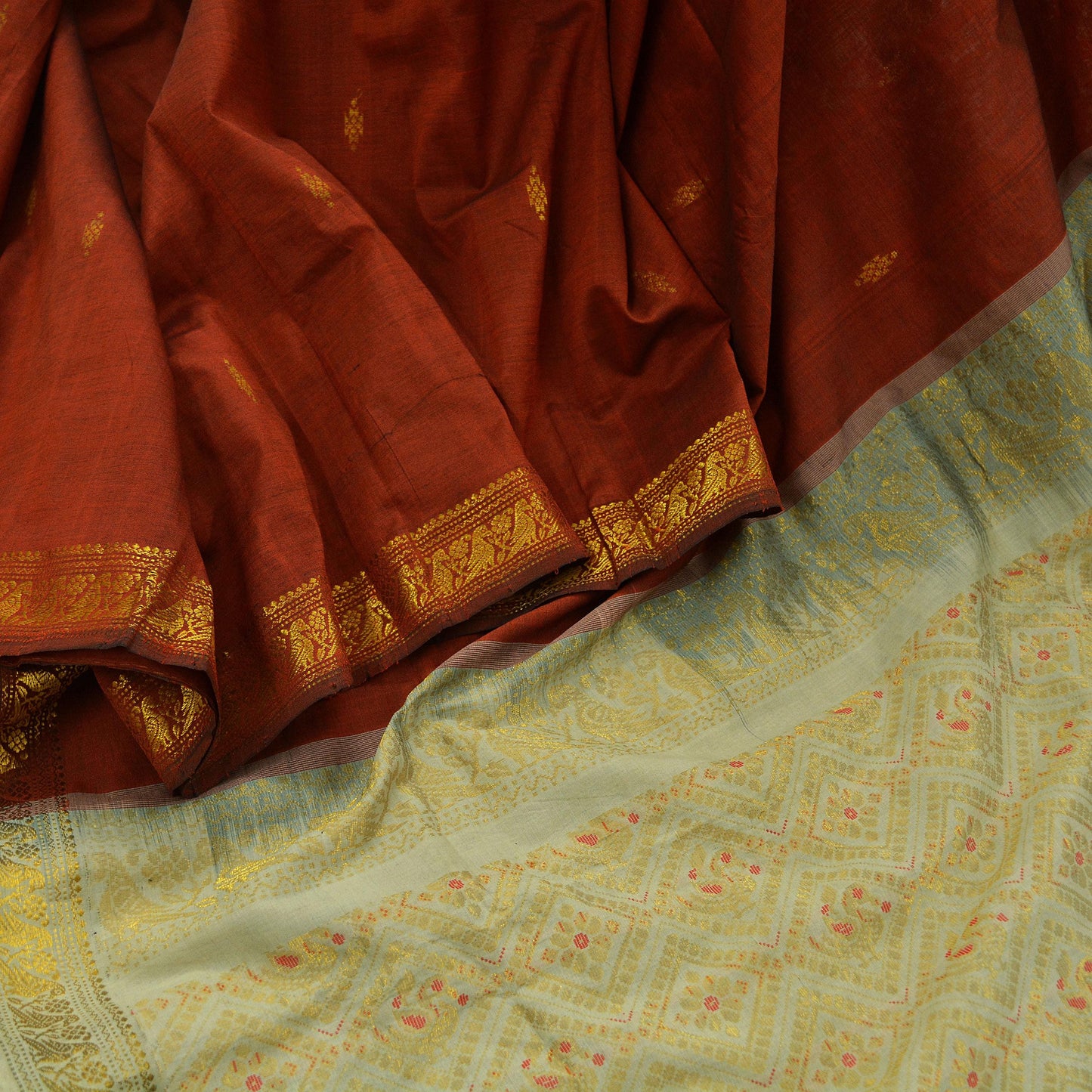 Indian Vintage Sari Rusty & Ivory Cotton Hand Woven Sarees Craft Fabric 5Yd Floral Soft Dress making Quilting Crafting Upcycle Zari