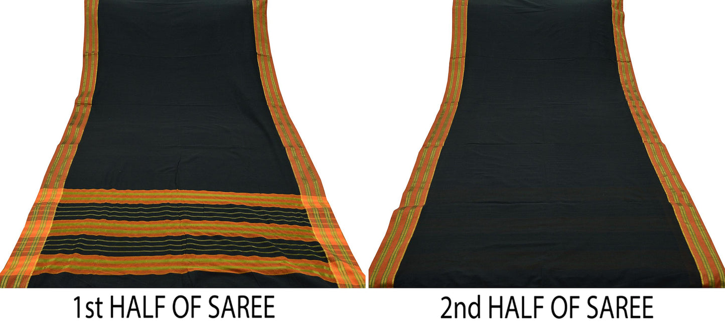 Indian Vintage Sari Black Pure Cotton Hand Woven Sarees 6yd Craft Fabric Ethnic Soft Sewing Zari Dress making Quitting Crafting Upcycle