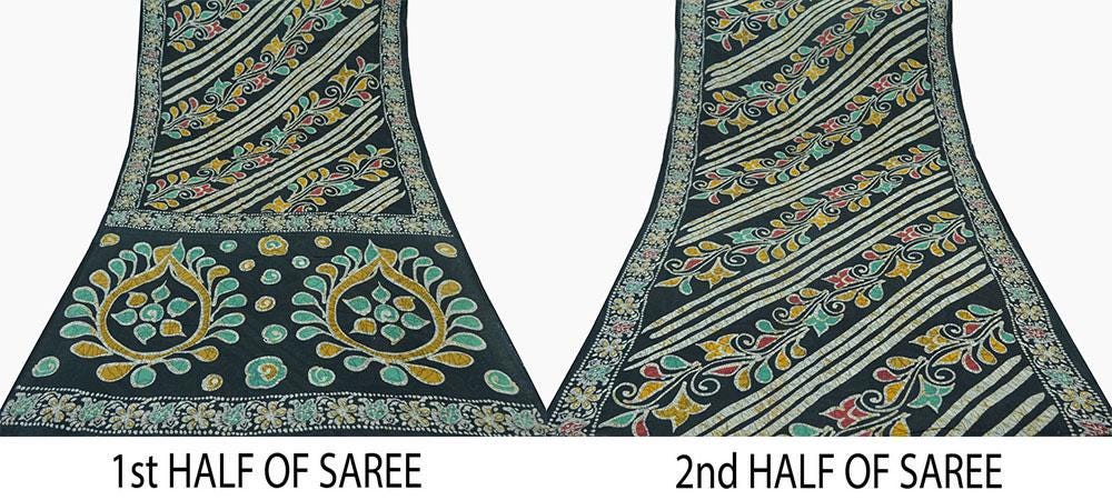 Indian Vintage Black Saree Batik Printed 100% Pure Cotton Indian Sari Craft Fabric 5Yd Soft Sewing Sarong Wrap Boho Quilting Upcycle