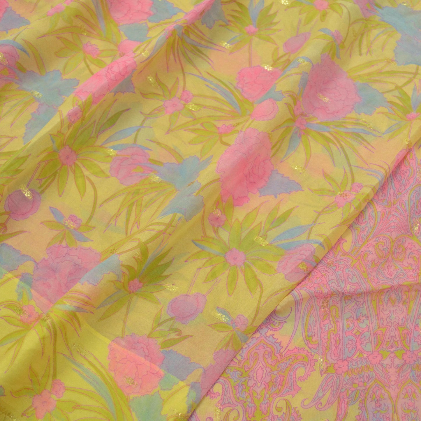 Indian Vintage Sari Yellow Pure Silk Printed Sarees 6yd Sewing Craft Fabric Dress Making Soft Zari Crafting Quilting Upcycle Paisley
