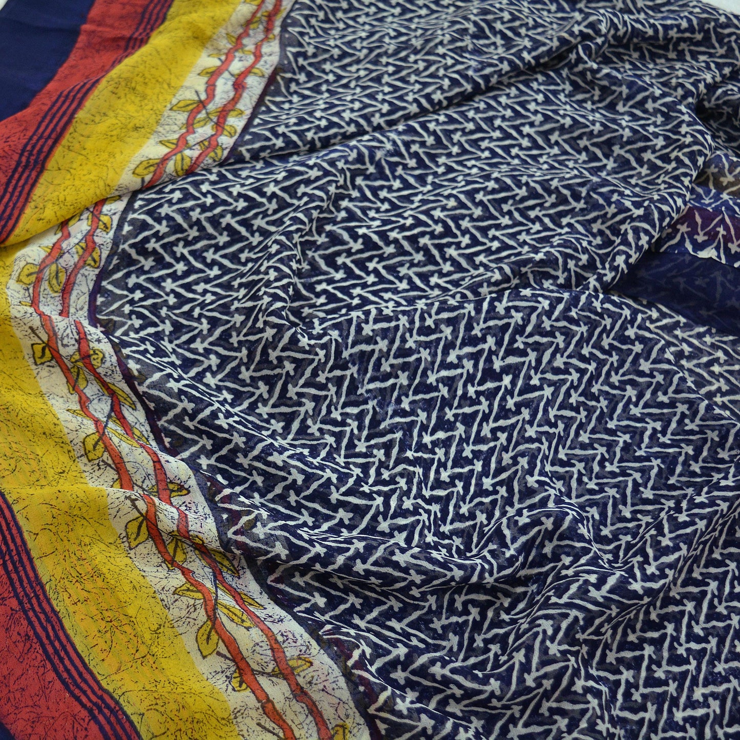 Women Vintage Blue Saree Pure Chiffon Silk Printed Sari Craft Fabric Sewing 5Yd Soft Dress Making Floral Crafting Upcycle Quilting