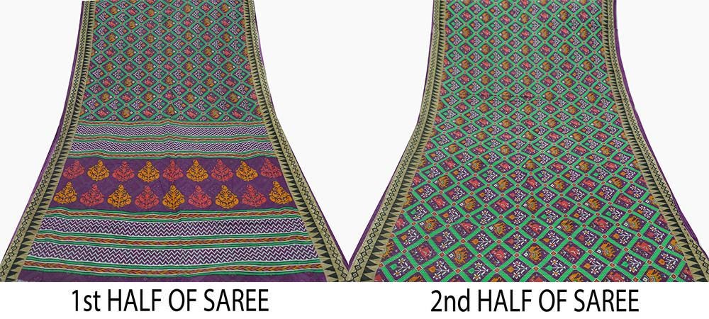 Indian Vintage Purple Saree Ikat Printed Pure Cotton Sari Craft Fabric 5Yard Sewing Sarong Wrap Boho Floral Dress Making Quilting Upcycle