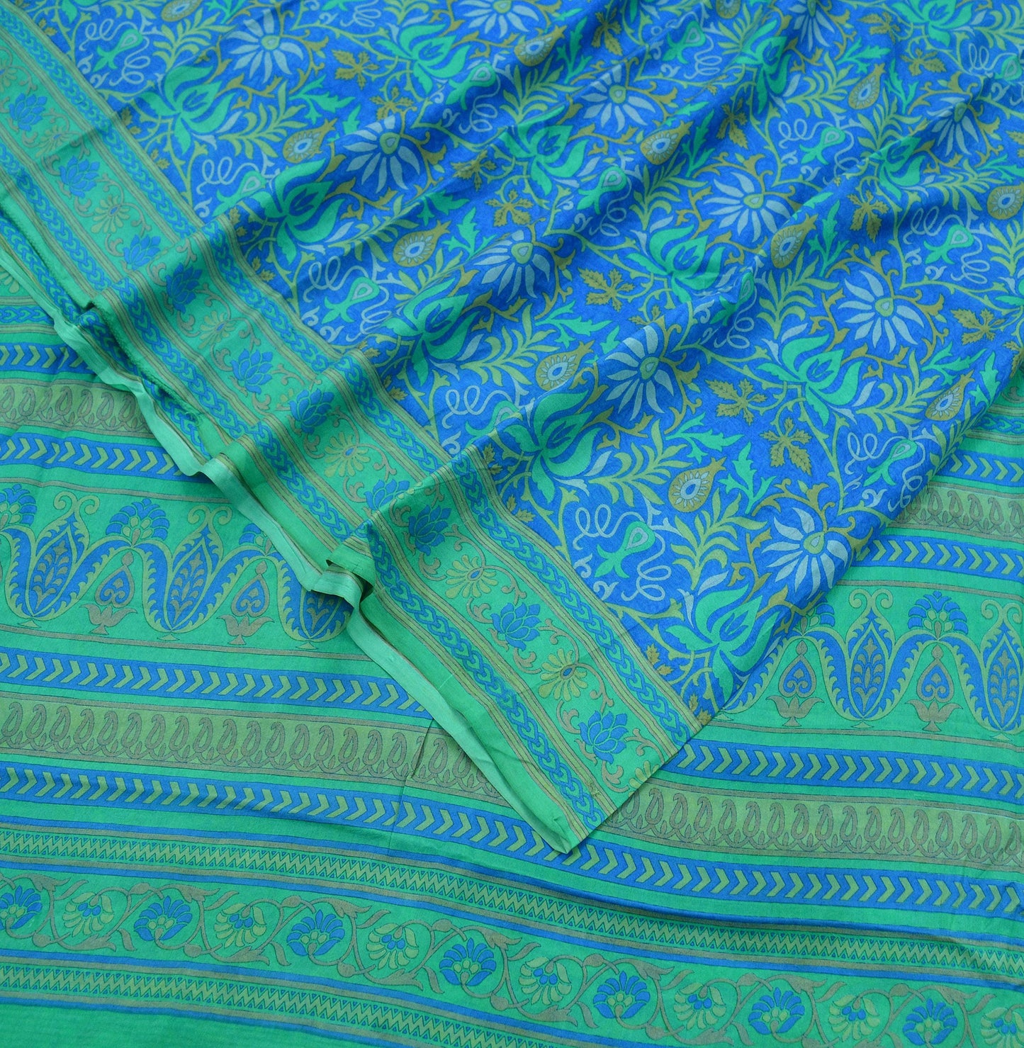 Indian Vintage Sari Green & Blue 100% Pure Silk Printed Sarees 5yd Sewing Craft Fabric Dress Making Soft Wrap Dress Making Quilting Crafting