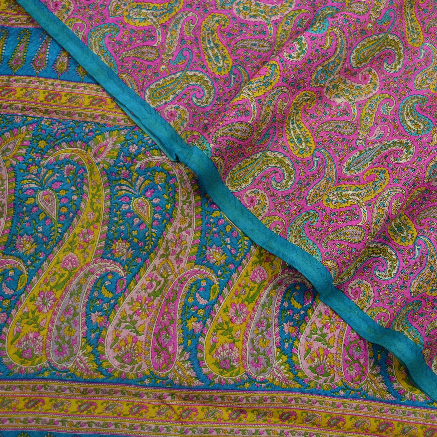 Indian Vintage Pink & Blue Saree 100% Pure Silk Printed Sari Craft Fabric 6yd Sewing Dress Making Soft Floral Paisley Quilting Crafting