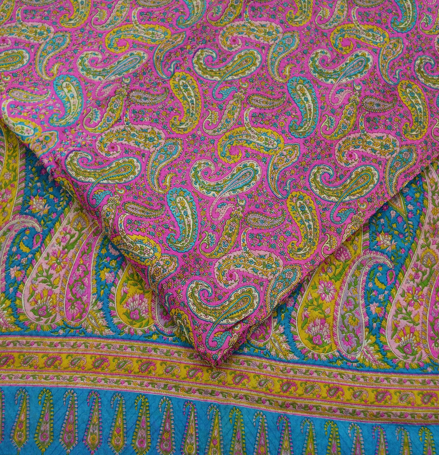 Indian Vintage Pink & Blue Saree 100% Pure Silk Printed Sari Craft Fabric 6yd Sewing Dress Making Soft Floral Paisley Quilting Crafting