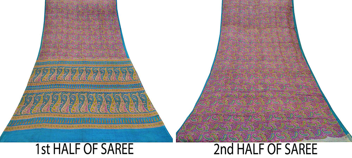 Indian Vintage Pink & Blue Saree 100% Pure Silk Printed Sari Craft Fabric 6yd Sewing Dress Making Soft Floral Paisley Quilting Crafting