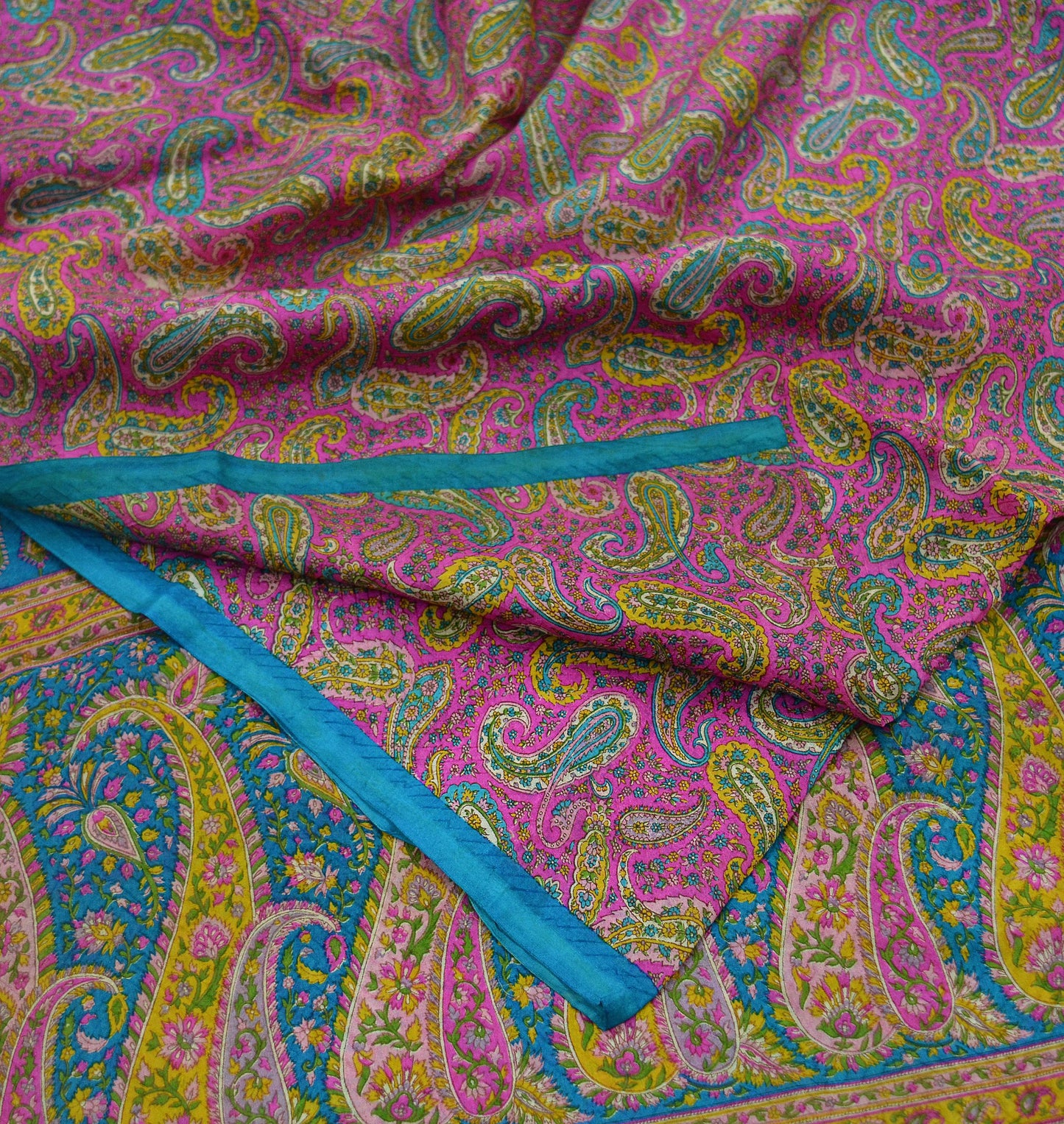 Indian Vintage Pink & Blue Saree 100% Pure Silk Printed Sari Craft Fabric 6yd Sewing Dress Making Soft Floral Paisley Quilting Crafting
