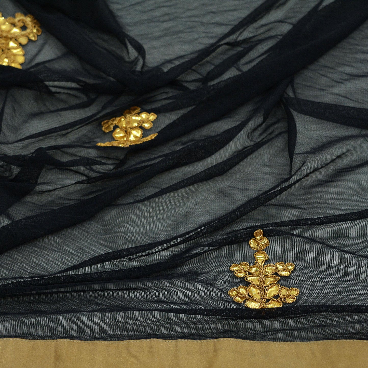 Indian Vintage Black Dupatta Long Stole Net Mess Hand Embroidered Scarves Veil Hijab Golden Gota