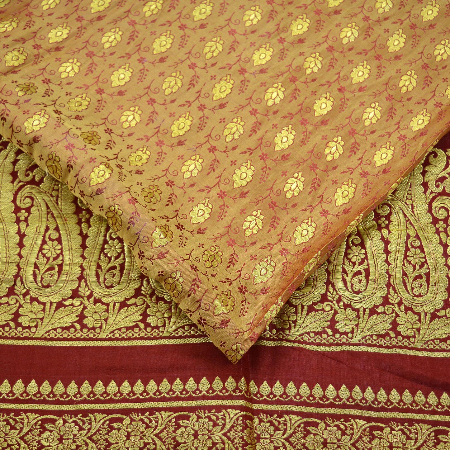 Indian Vintage Golden Beige & Red Heavy Saree Pure Satin Silk Woven Brocade Banarasi Sari Fabric Zari Ethnic 5Yd Bridal Wedding Sarees