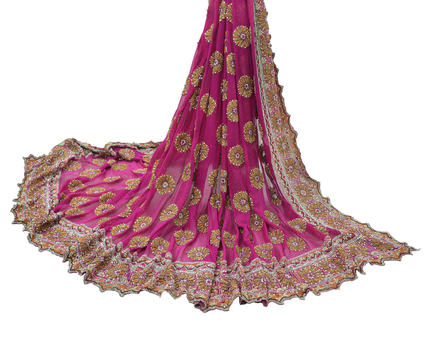 Indian Vintage Heavy Bridal Rani Pink Dupatta Pure Georgette Silk Long Stole Hand Embroidered Scarf Zardozi/Dabka Wedding red Hijab veil