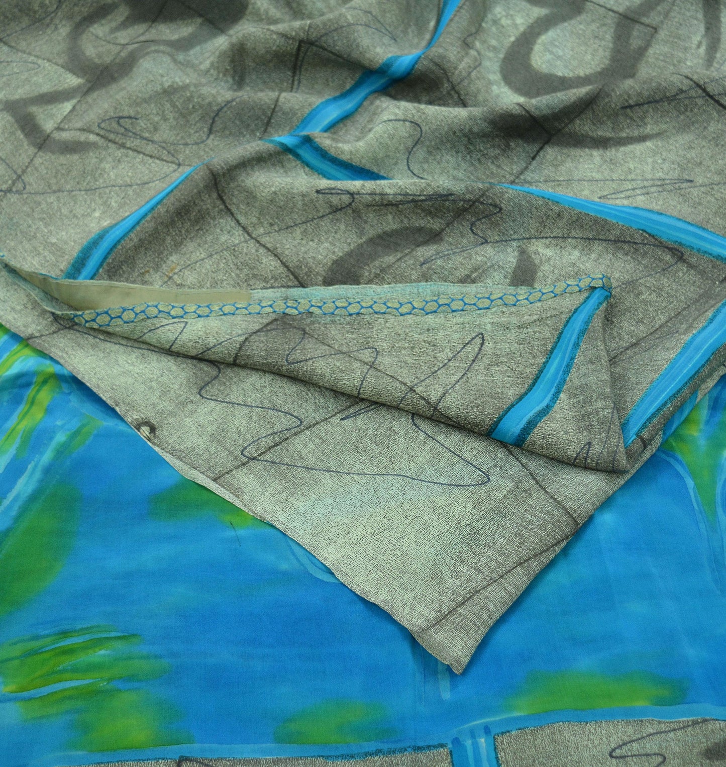Indian Vintage Sari Blue & Gray Pure Printed Crepe Silk Sarees 5yd Sewing Soft Craft Fabric Wrap Sewing Dress Making Crafting Quilting