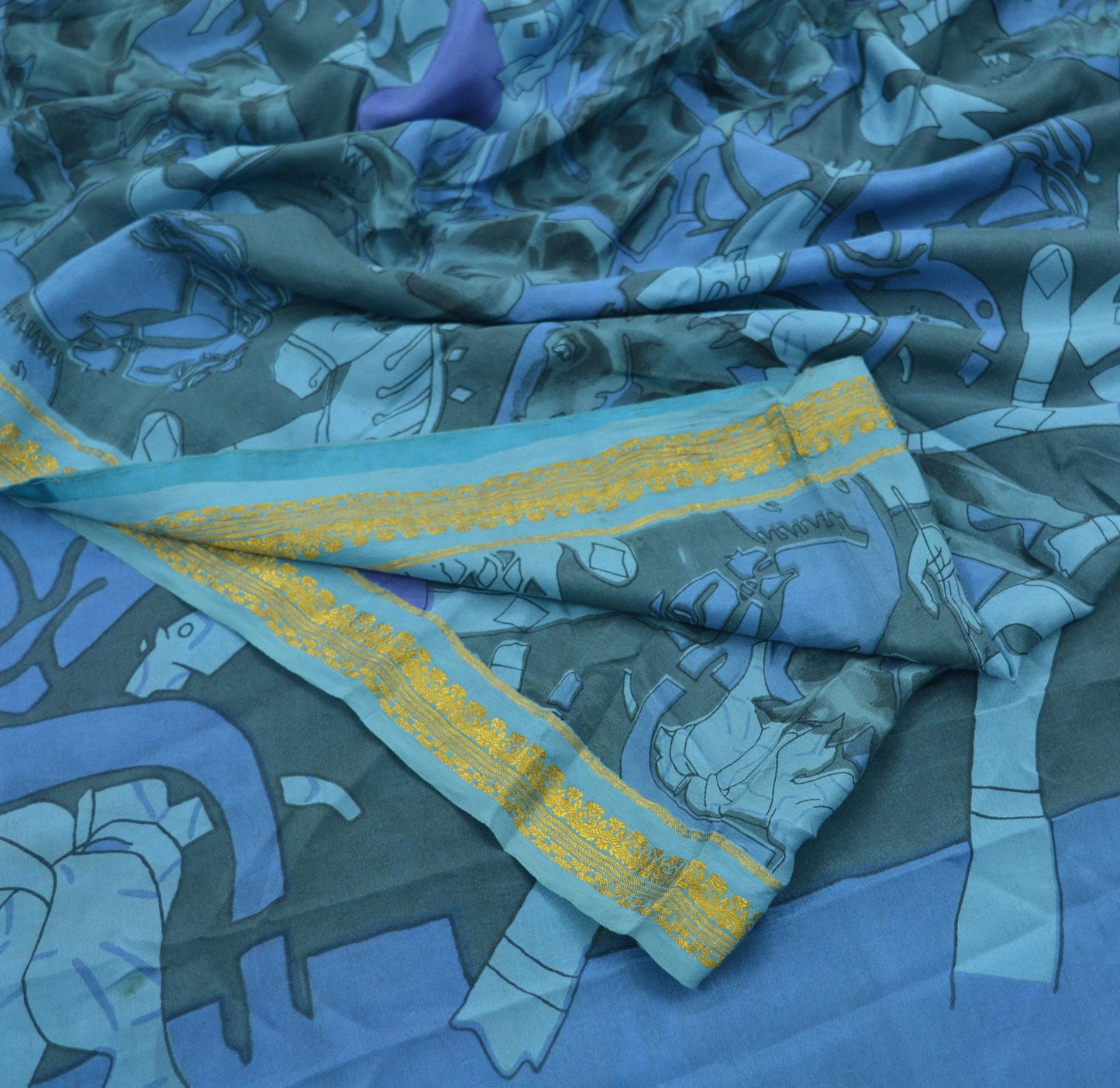 Indian Vintage Sari Blue & Gray Pure Silk Printed Sarees 5yd Sewing Craft Fabric Dress Making Wrap Abstract Zari Quilting Crafting Upcycle