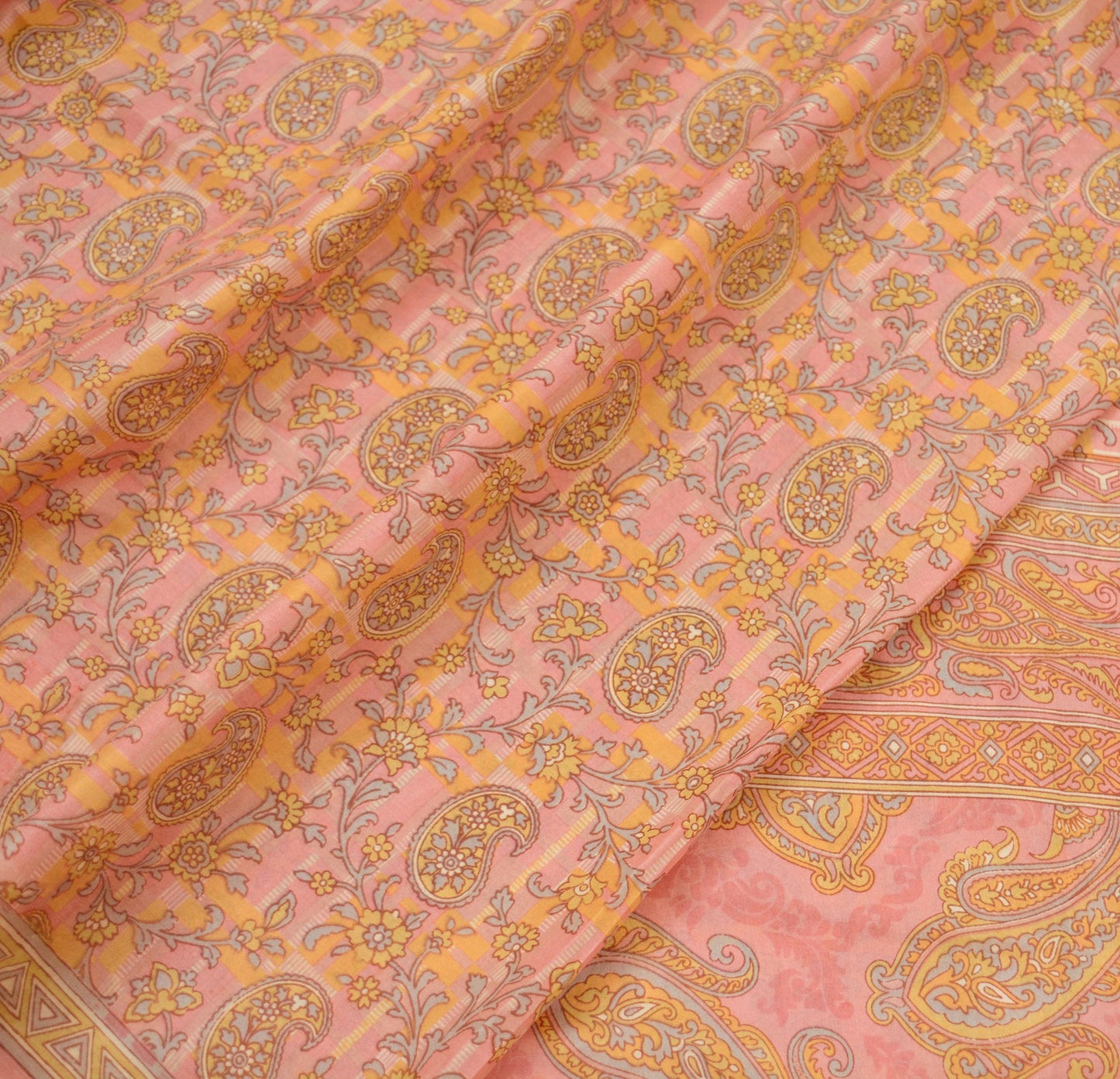 Indian Vintage Peach Saree 100% Pure Silk Printed Sari Craft Fabric Soft 5yd Sewing Dress Making Soft Floral Crafting Quilting Upcycle