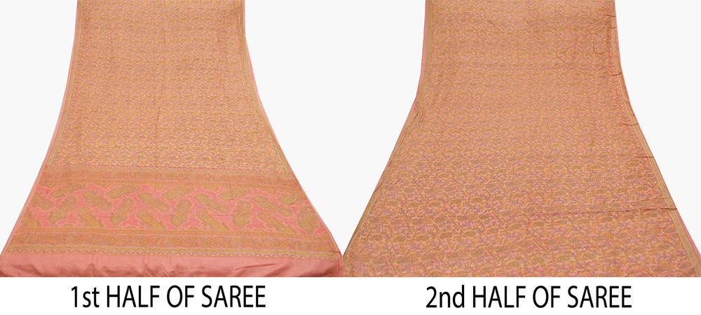 Indian Vintage Peach Saree 100% Pure Silk Printed Sari Craft Fabric Soft 5yd Sewing Dress Making Soft Floral Crafting Quilting Upcycle