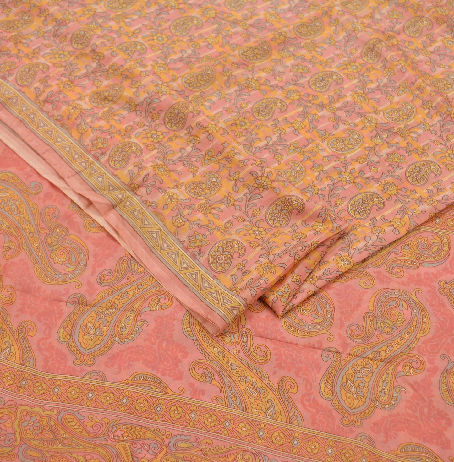Indian Vintage Peach Saree 100% Pure Silk Printed Sari Craft Fabric Soft 5yd Sewing Dress Making Soft Floral Crafting Quilting Upcycle