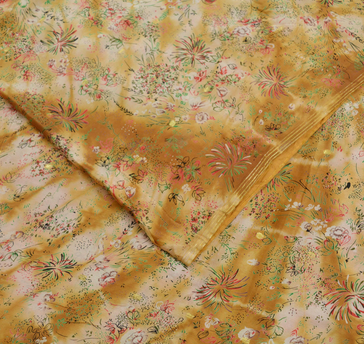 Indian Vintage Saffron & Beige Saree Pure Silk Printed Indian Sari Fabric 5yard Sewing Craft Dress Making Soft Floral Quilting Crafting