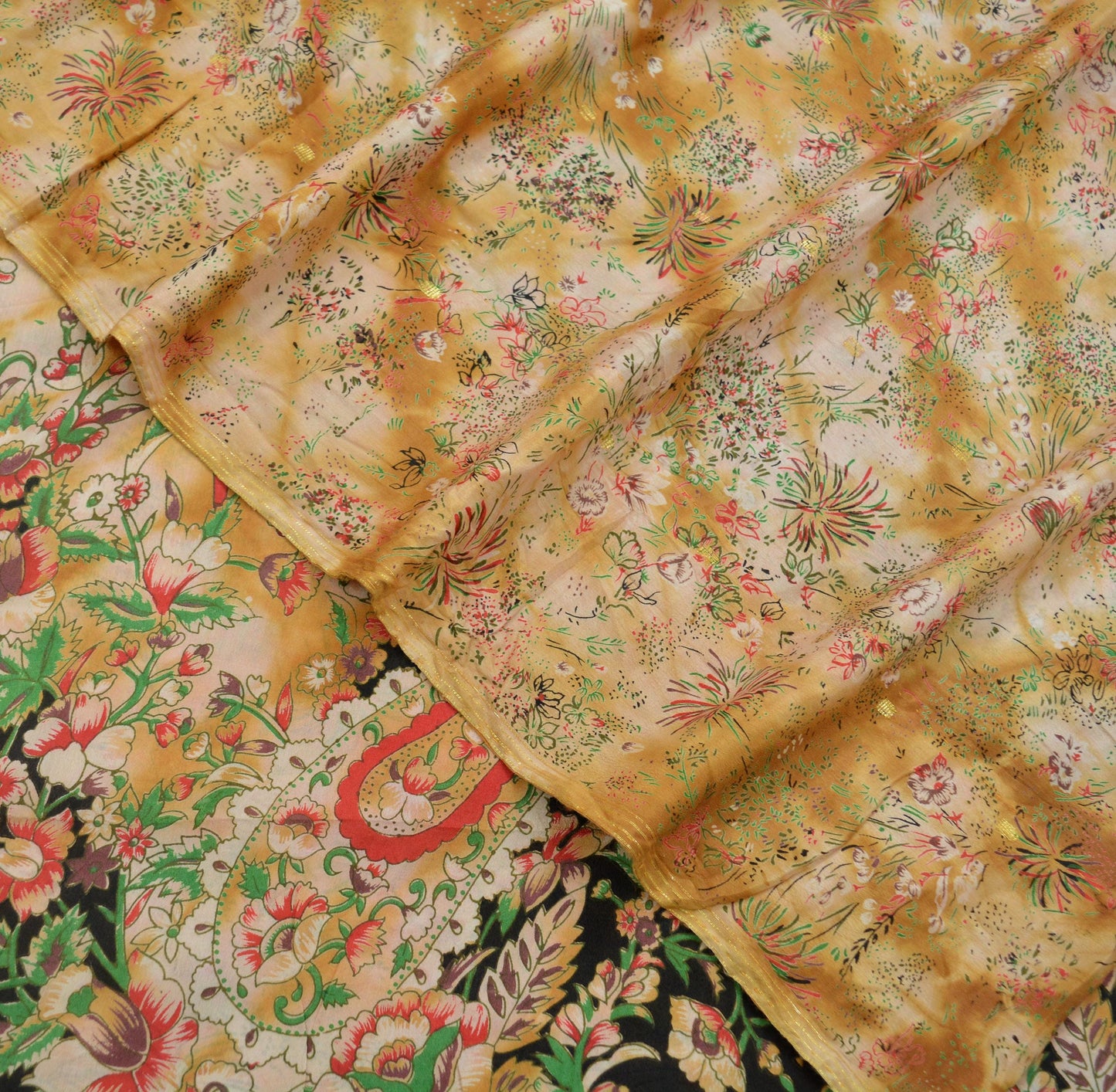 Indian Vintage Saffron & Beige Saree Pure Silk Printed Indian Sari Fabric 5yard Sewing Craft Dress Making Soft Floral Quilting Crafting