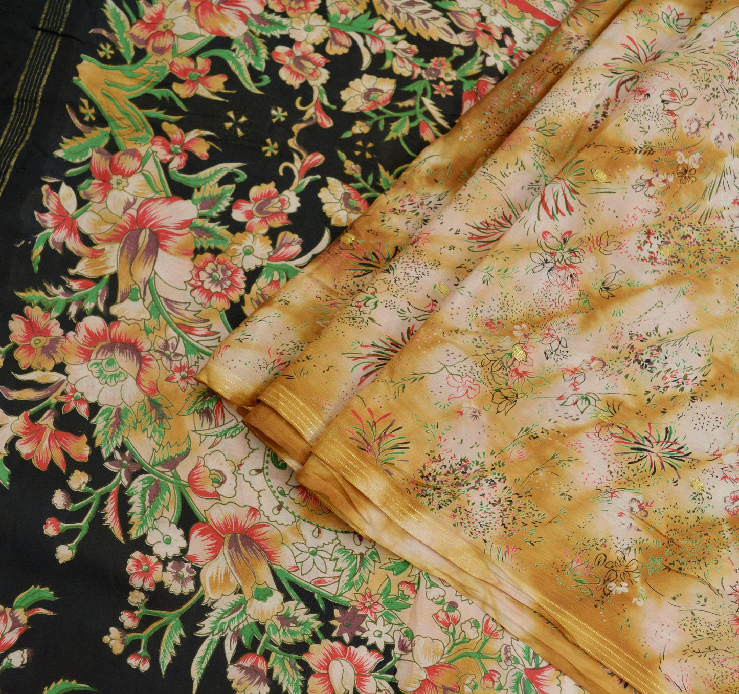 Indian Vintage Saffron & Beige Saree Pure Silk Printed Indian Sari Fabric 5yard Sewing Craft Dress Making Soft Floral Quilting Crafting