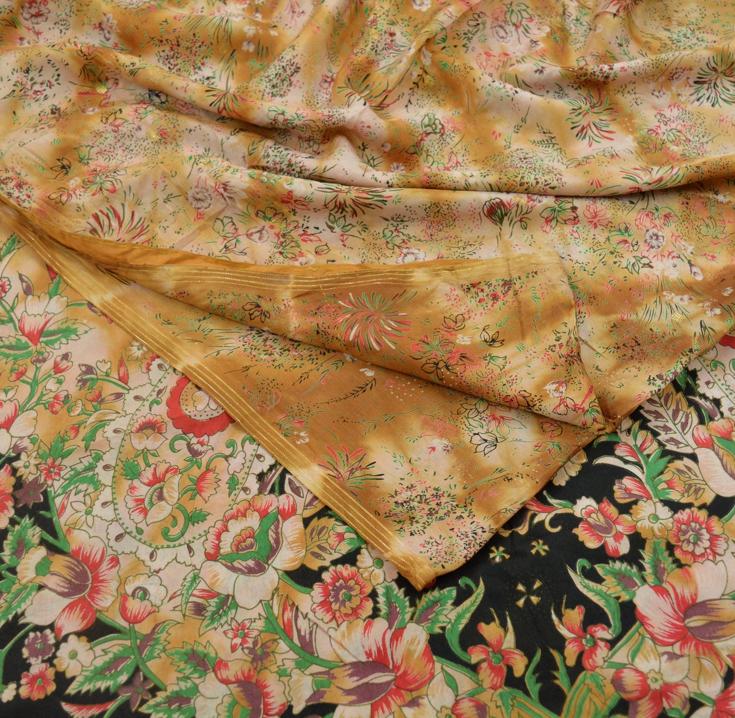 Indian Vintage Saffron & Beige Saree Pure Silk Printed Indian Sari Fabric 5yard Sewing Craft Dress Making Soft Floral Quilting Crafting