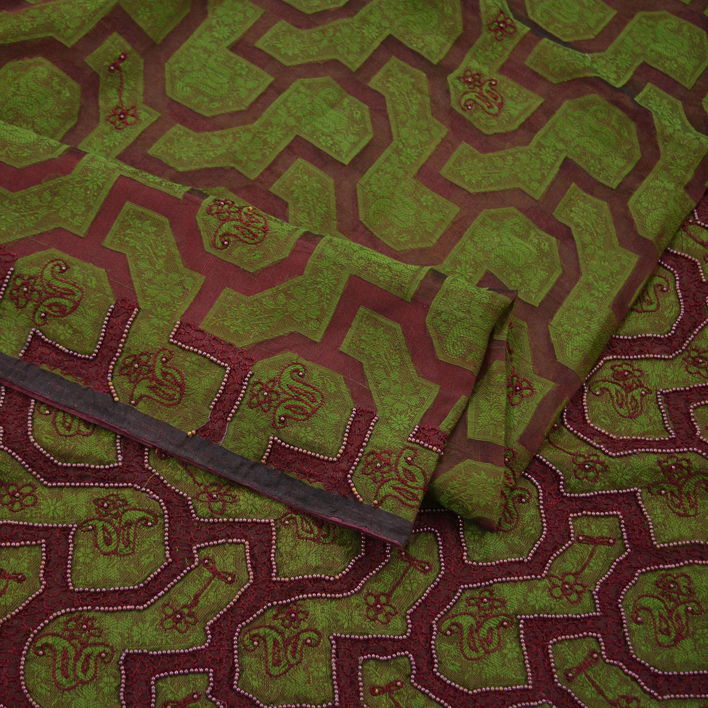 The vintage Creations Indian Vintage Sari Green & Maroon Hand Embroidered Saree Pure Organza Silk Fabric 5Yd Ethnic Dress Making Crafting