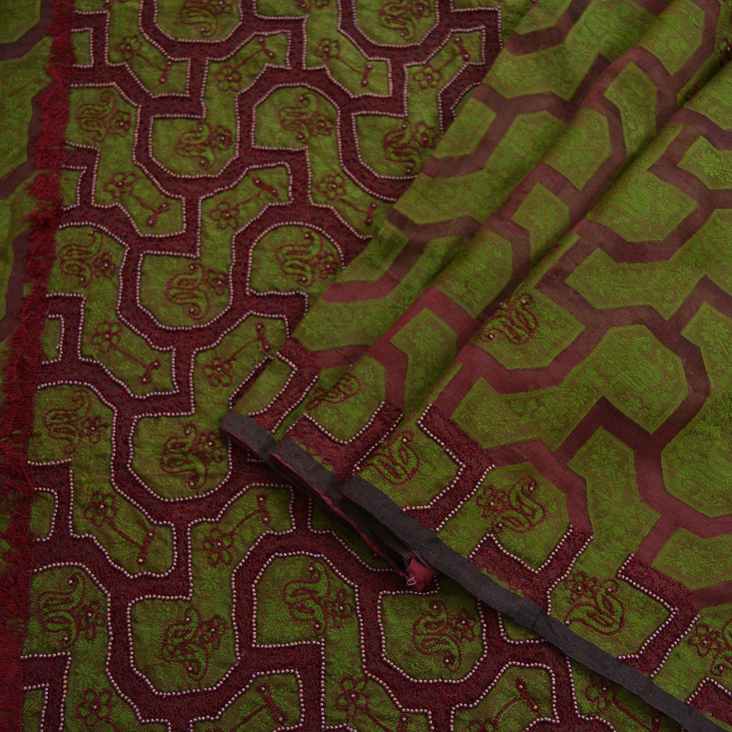 The vintage Creations Indian Vintage Sari Green & Maroon Hand Embroidered Saree Pure Organza Silk Fabric 5Yd Ethnic Dress Making Crafting
