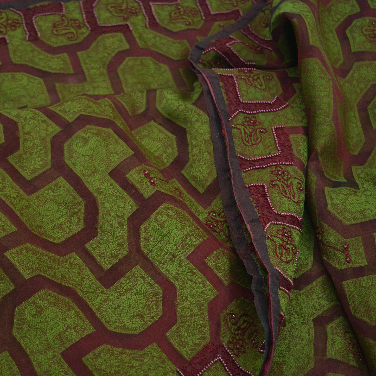 The vintage Creations Indian Vintage Sari Green & Maroon Hand Embroidered Saree Pure Organza Silk Fabric 5Yd Ethnic Dress Making Crafting