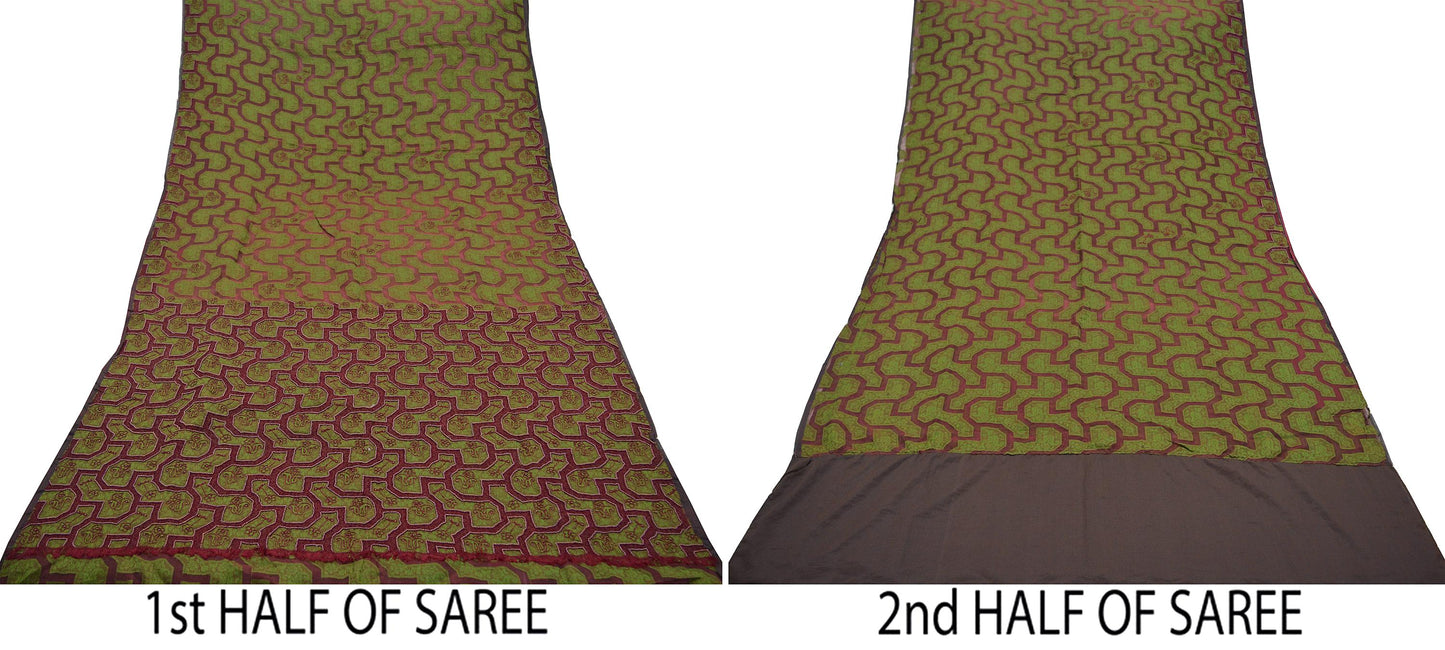 The vintage Creations Indian Vintage Sari Green & Maroon Hand Embroidered Saree Pure Organza Silk Fabric 5Yd Ethnic Dress Making Crafting