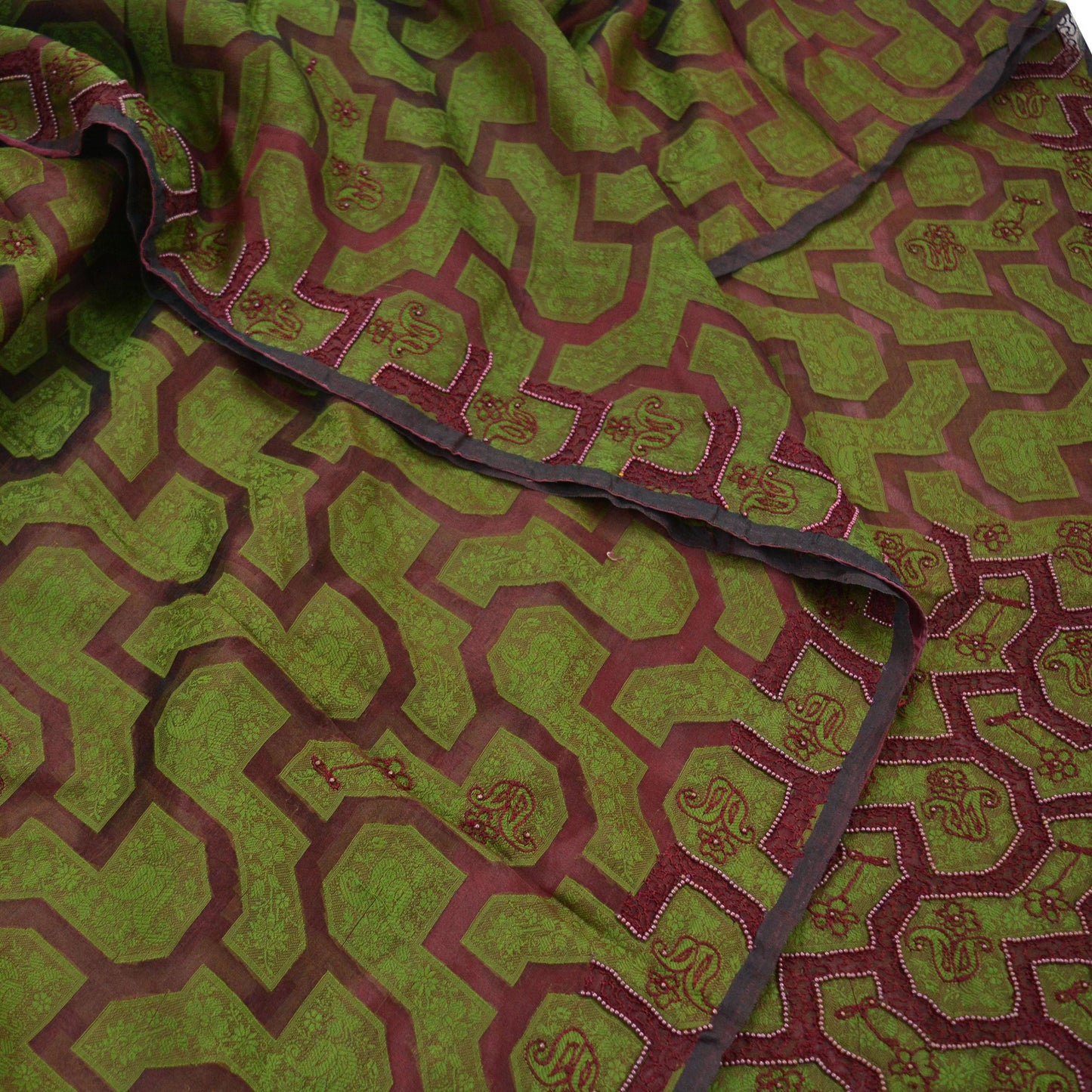 The vintage Creations Indian Vintage Sari Green & Maroon Hand Embroidered Saree Pure Organza Silk Fabric 5Yd Ethnic Dress Making Crafting