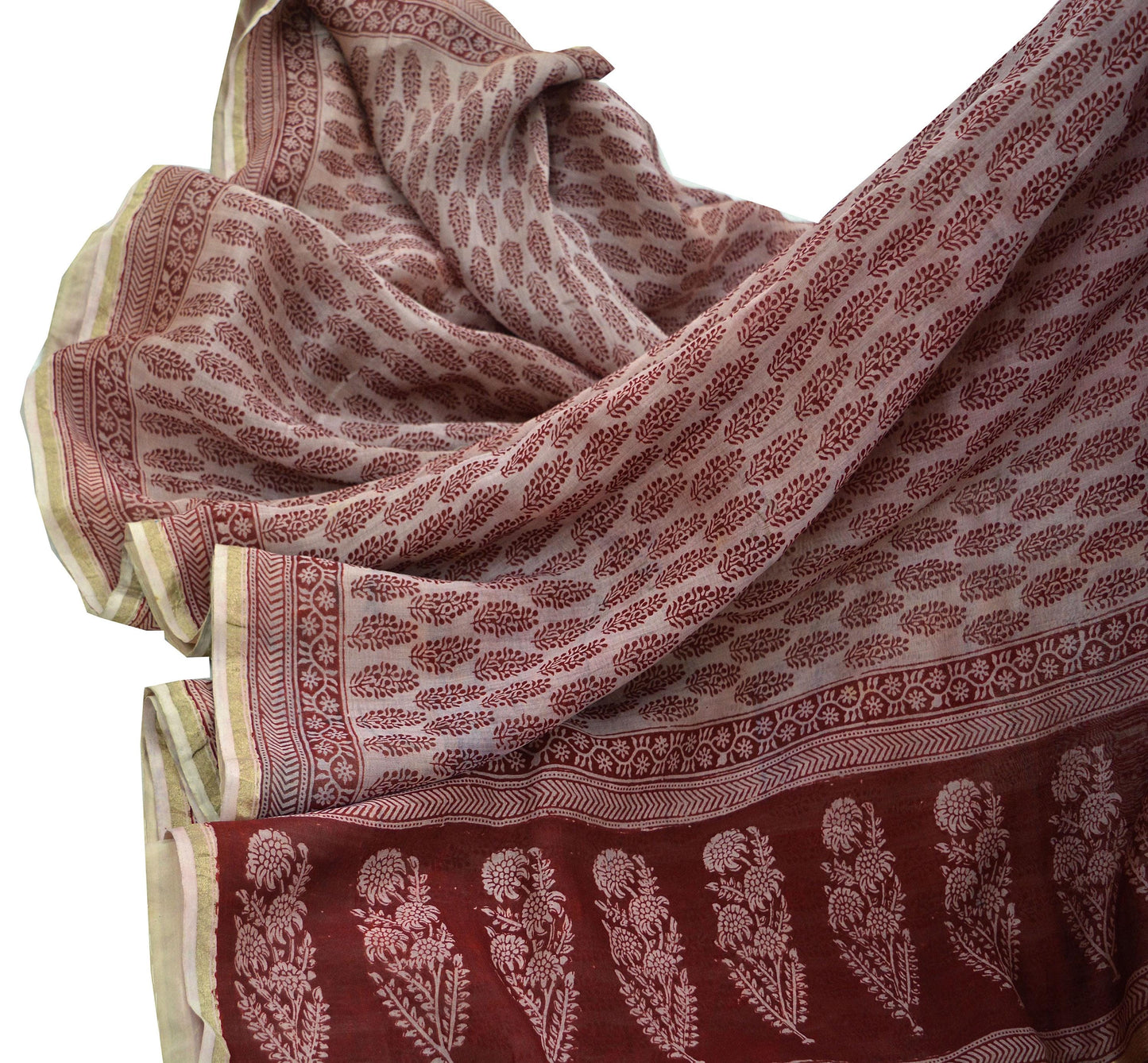 The vintage Creation Indian Vintage Sari Maroon Pure chanderi Silk Block Printed Sarees Craft Fabric 6Yd Soft Zari Border Dress making