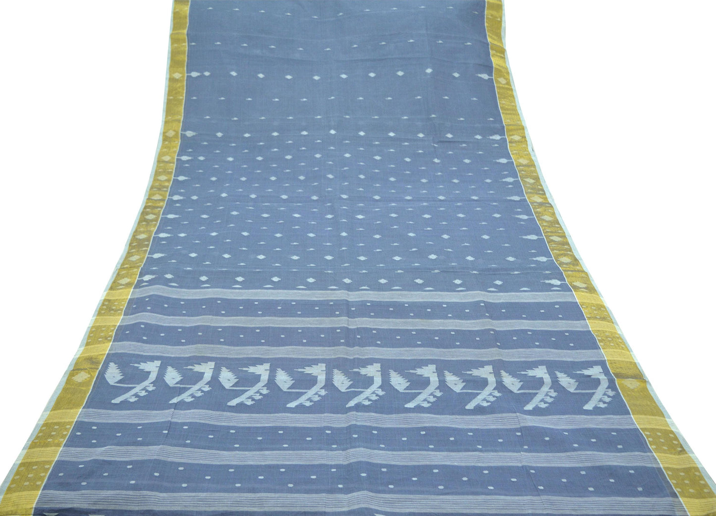 Indian Vintage Sarees Gray Pure Cotton Hand Woven Jamdani Sari 5yd Ethnic Floral Craft Fabric Dress making Upcycle Crafting Quilting