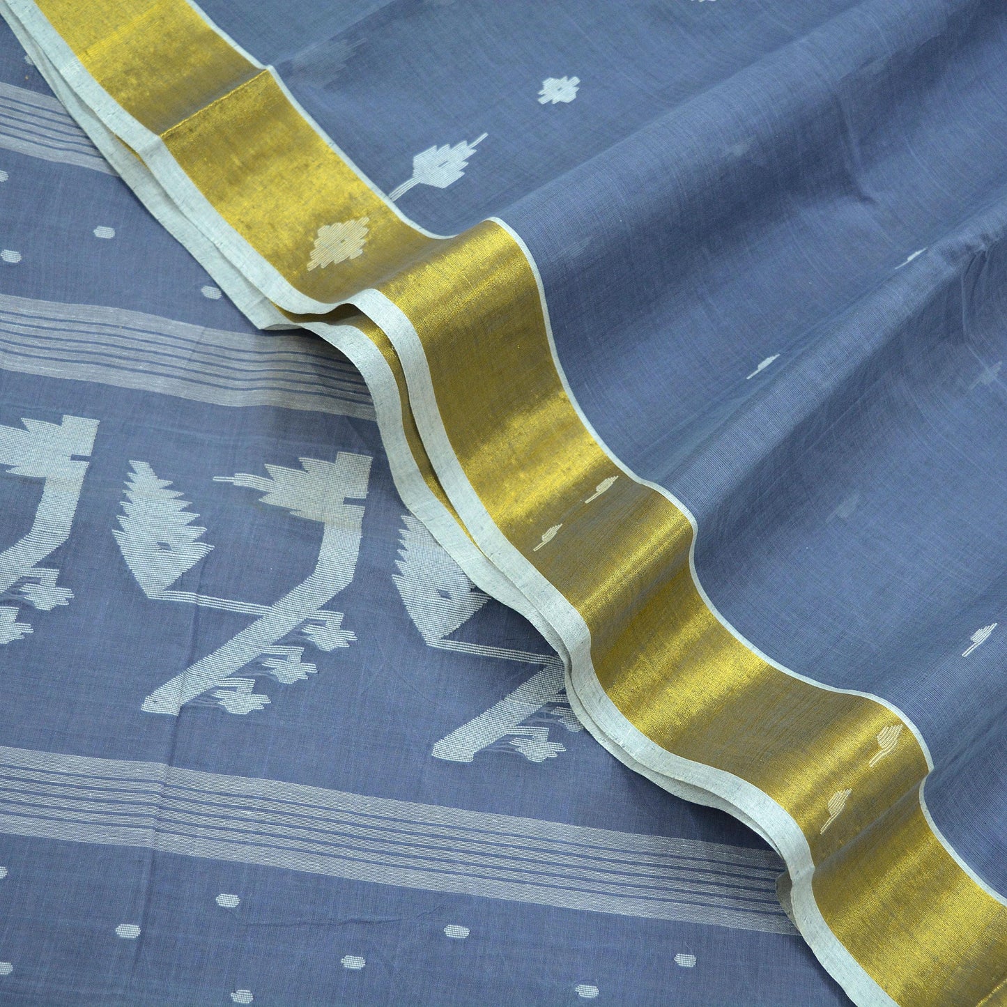 Indian Vintage Sarees Gray Pure Cotton Hand Woven Jamdani Sari 5yd Ethnic Floral Craft Fabric Dress making Upcycle Crafting Quilting