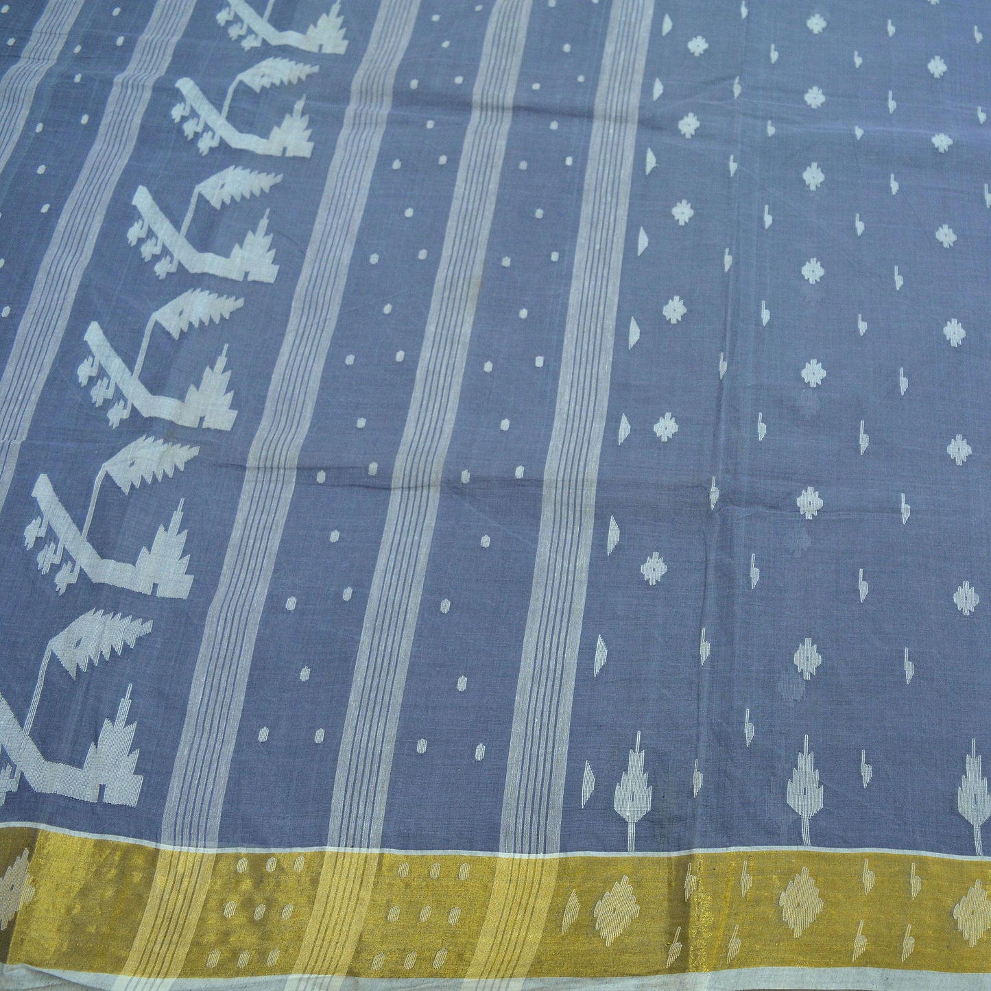 Indian Vintage Sarees Gray Pure Cotton Hand Woven Jamdani Sari 5yd Ethnic Floral Craft Fabric Dress making Upcycle Crafting Quilting
