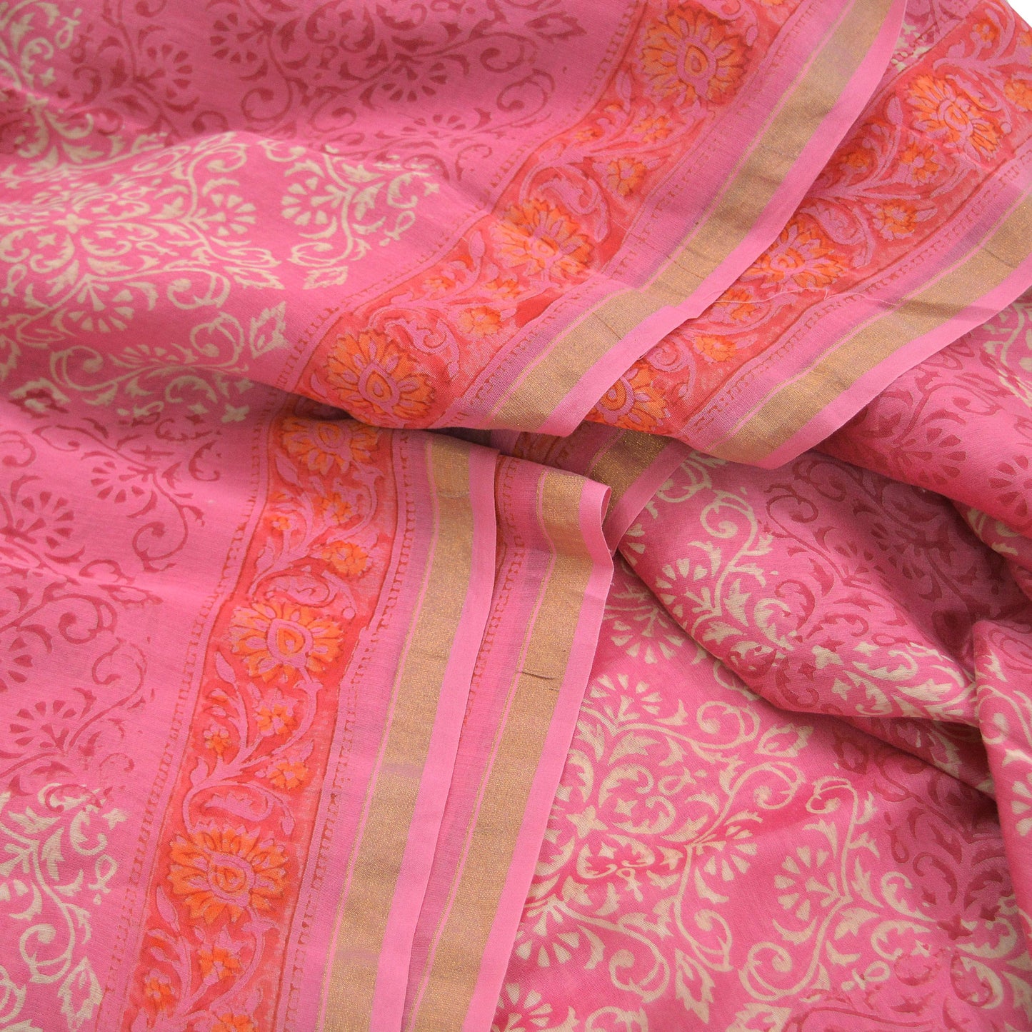 Indian Vintage Sari Pink Pure chanderi Silk Bagru Printed Saree 5Yd Fabric Floral Soft Zari Border Ethnic Upcycle Crafting Dress making