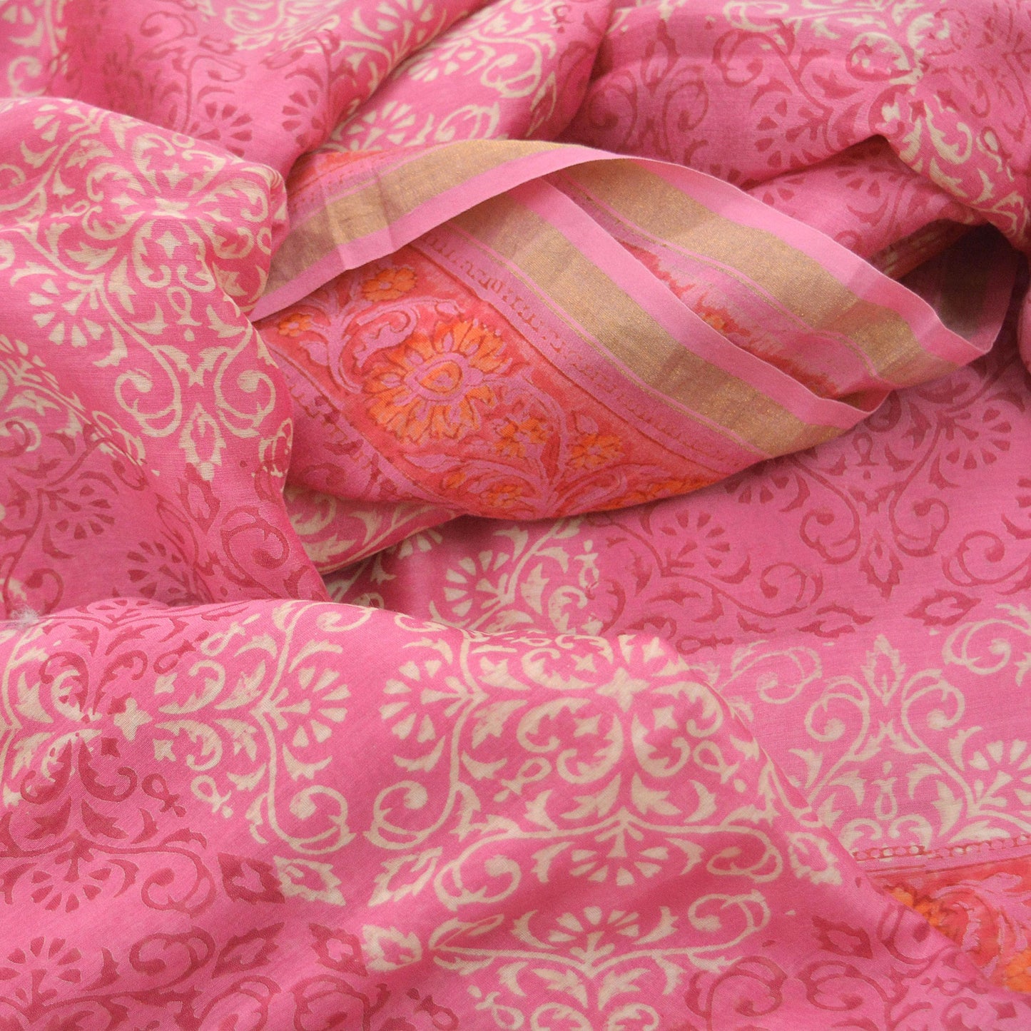 Indian Vintage Sari Pink Pure chanderi Silk Bagru Printed Saree 5Yd Fabric Floral Soft Zari Border Ethnic Upcycle Crafting Dress making