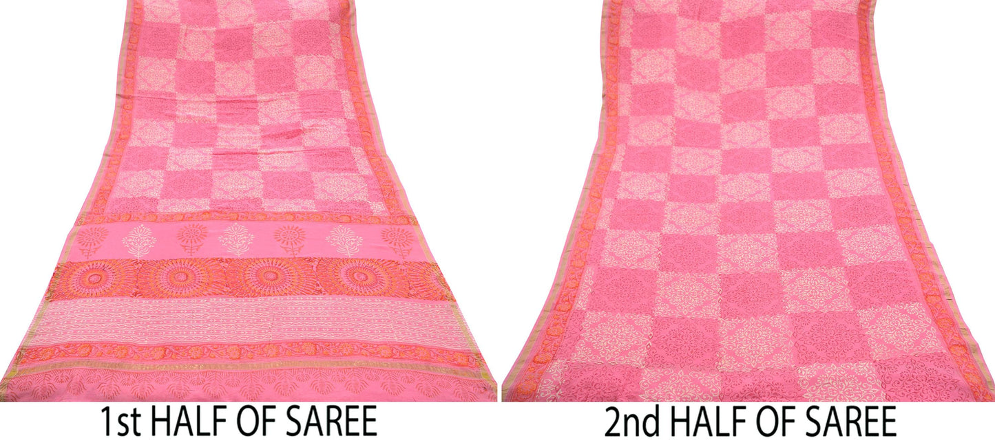 Indian Vintage Sari Pink Pure chanderi Silk Bagru Printed Saree 5Yd Fabric Floral Soft Zari Border Ethnic Upcycle Crafting Dress making