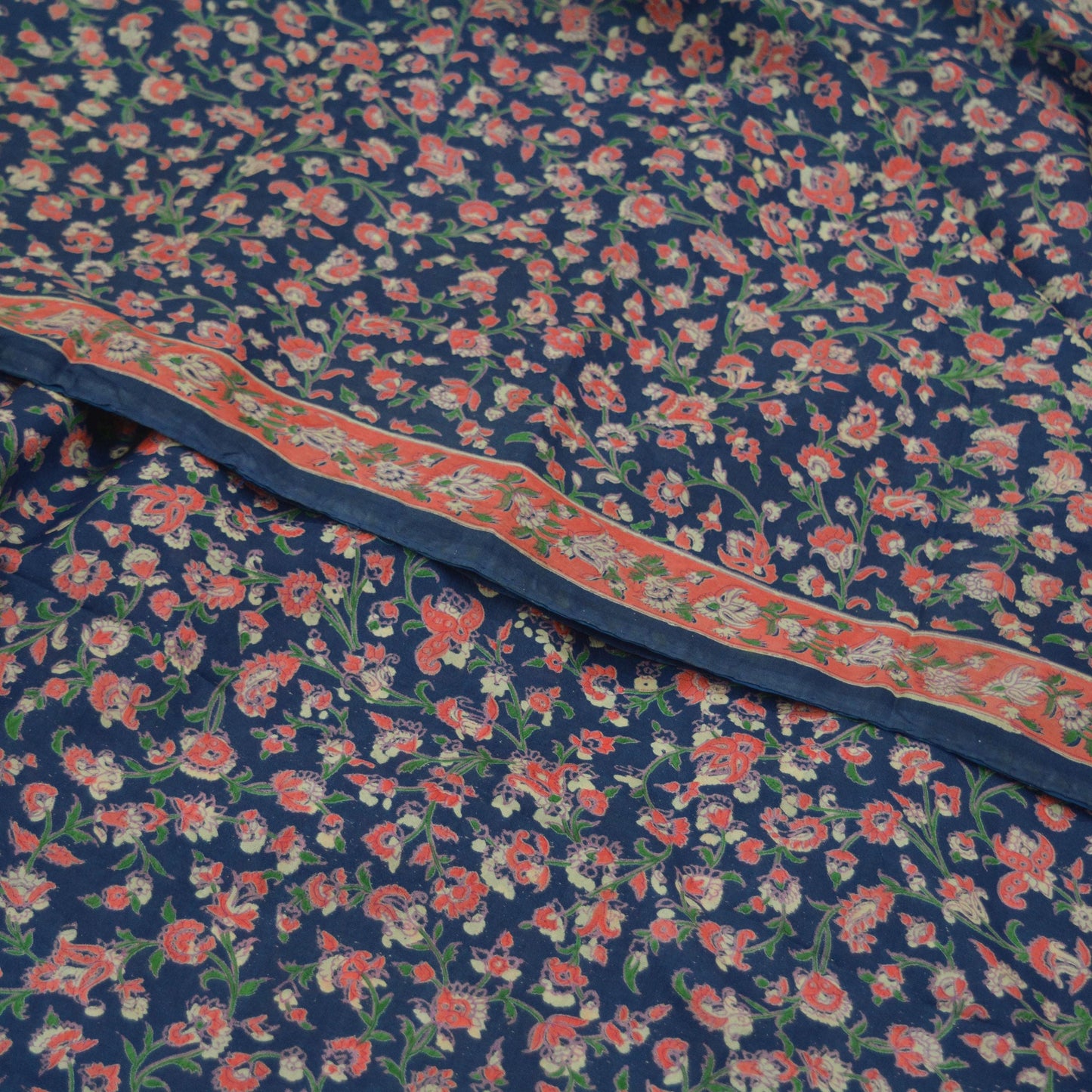 Vintage Blue & Green Saree Artificial Silk Printed Sari Sewing 5yd Craft Fabric Soft Floral Crafting Dress Making Crafting Quilting Upcycle