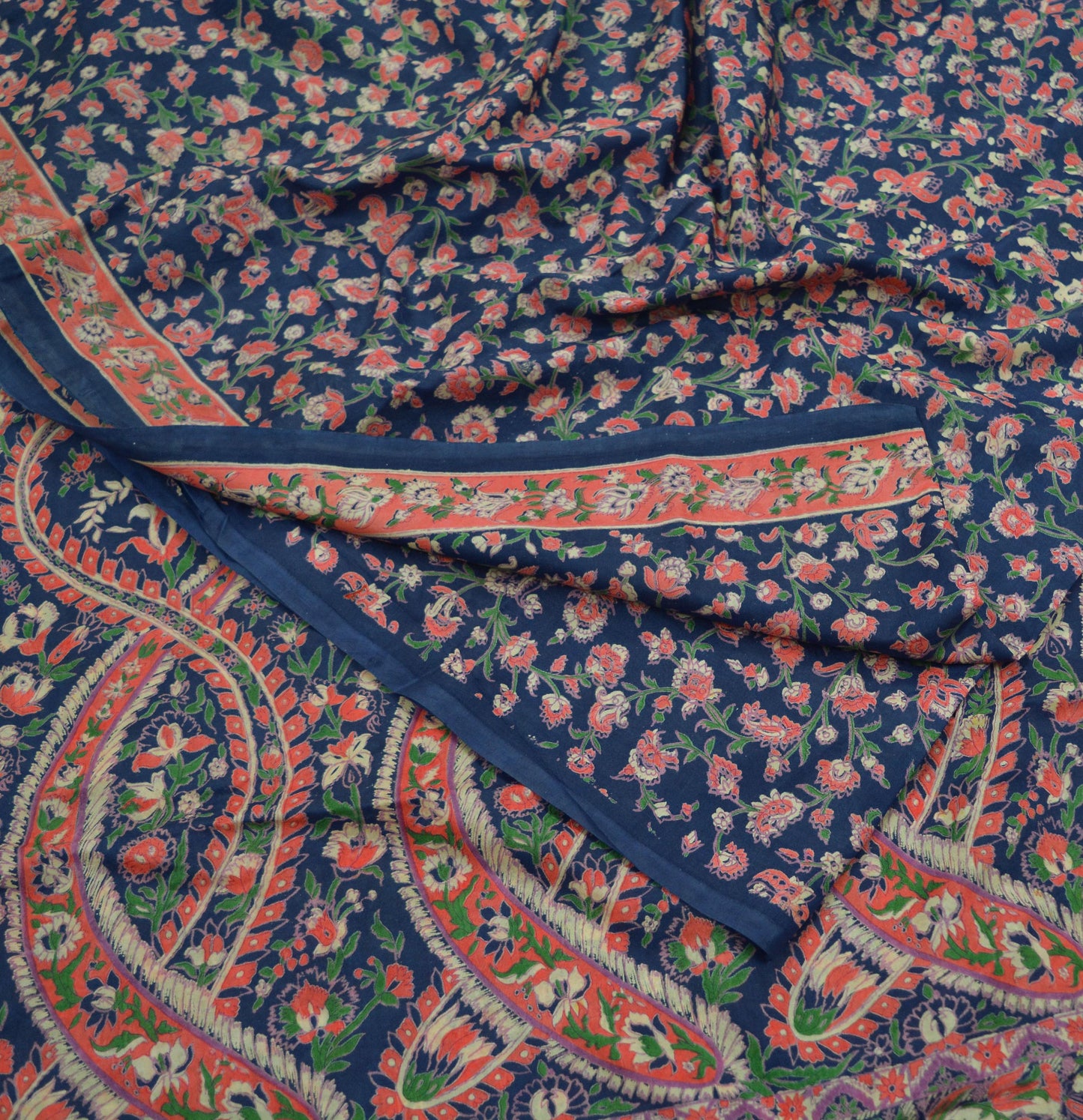 Vintage Blue & Green Saree Artificial Silk Printed Sari Sewing 5yd Craft Fabric Soft Floral Crafting Dress Making Crafting Quilting Upcycle